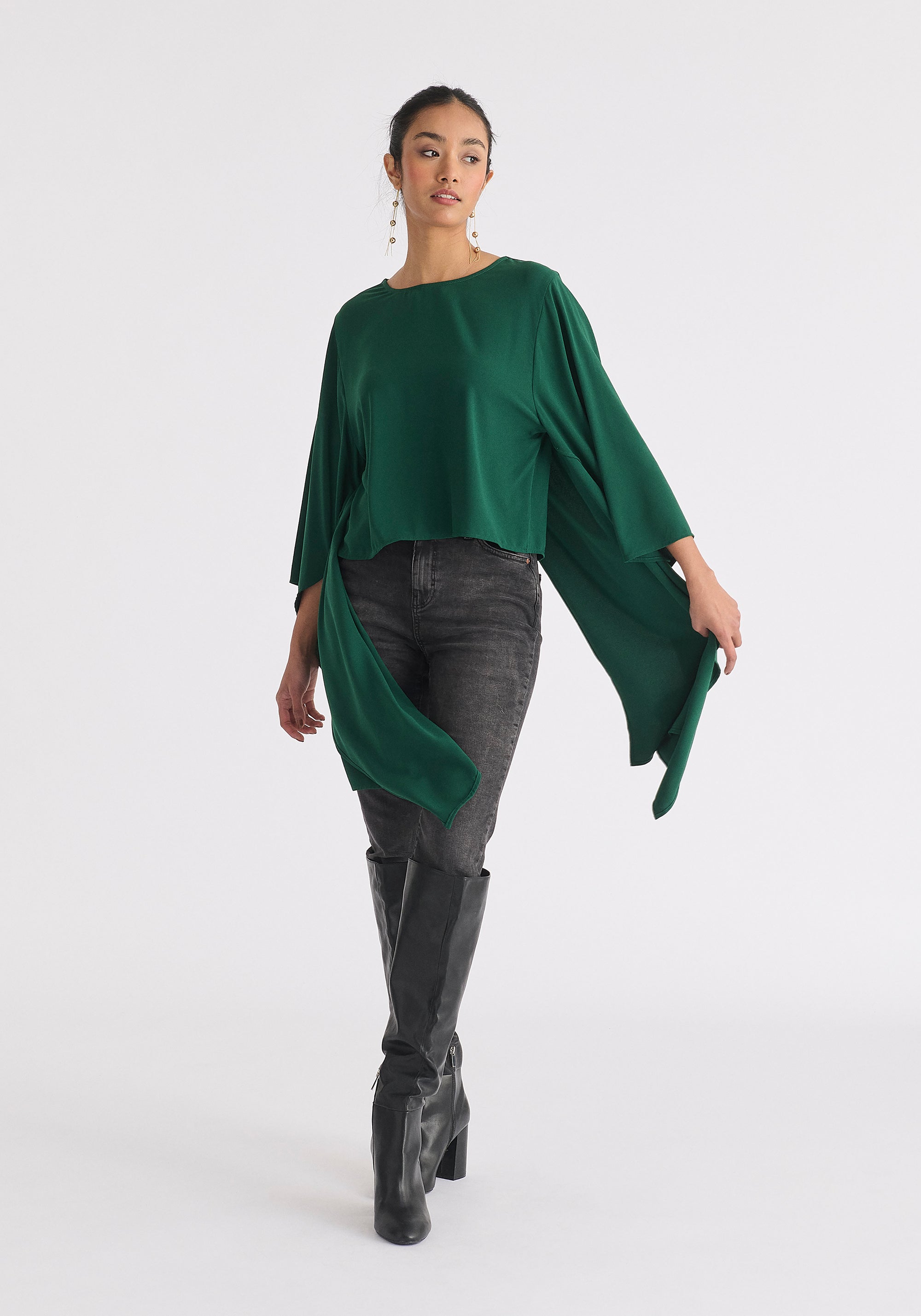 Round Neck Cape Top in Dark Green