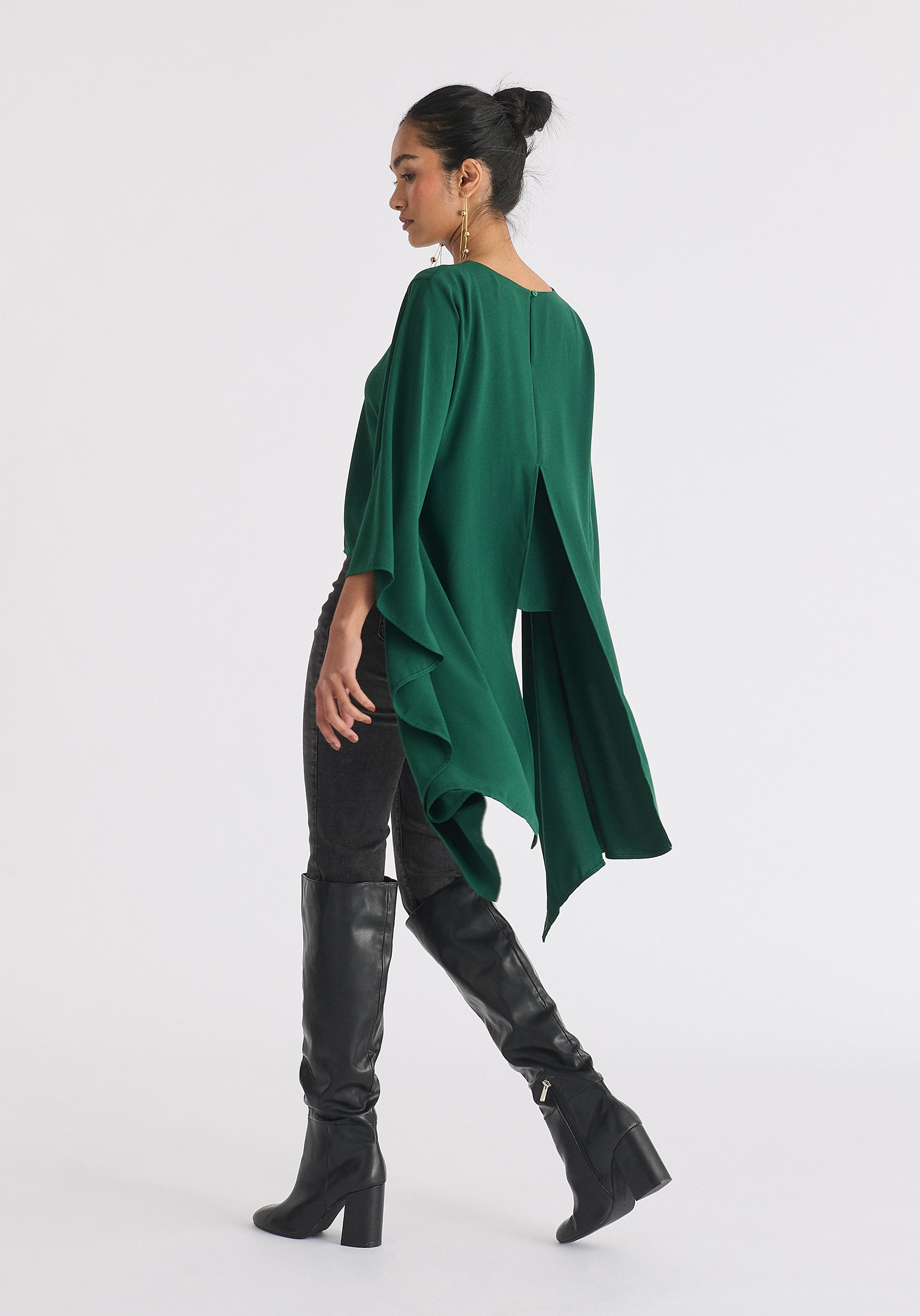 Round Neck Cape Top in Dark Green Back