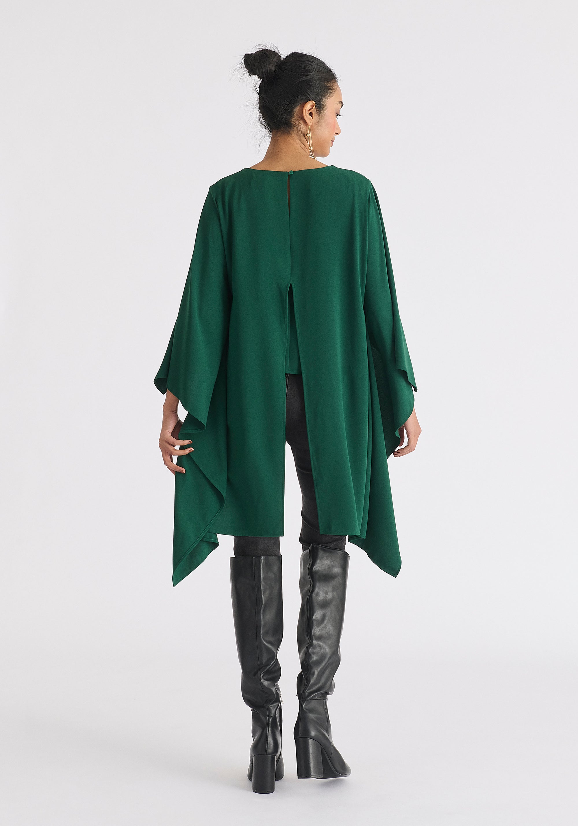 Round Neck Cape Top in Dark Green Back