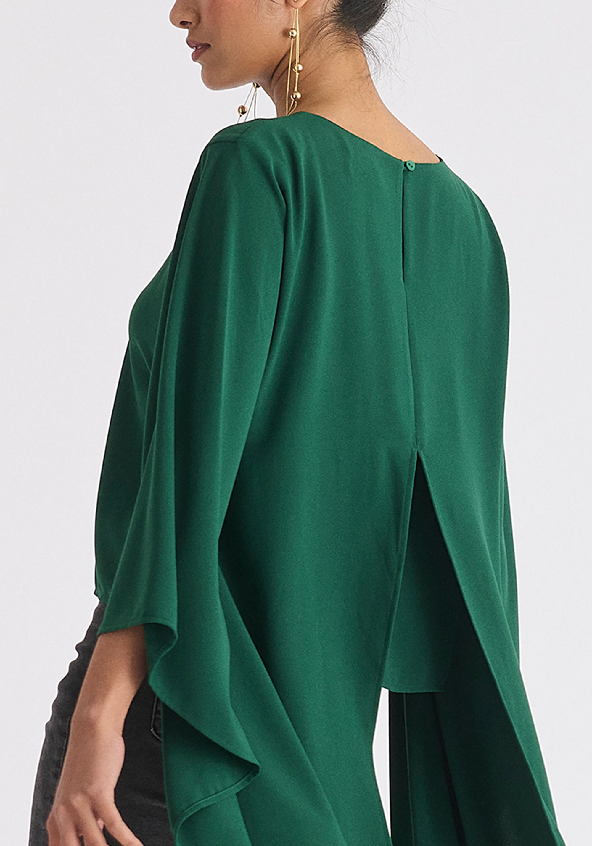 Round Neck Cape Top in Dark Green Close Up