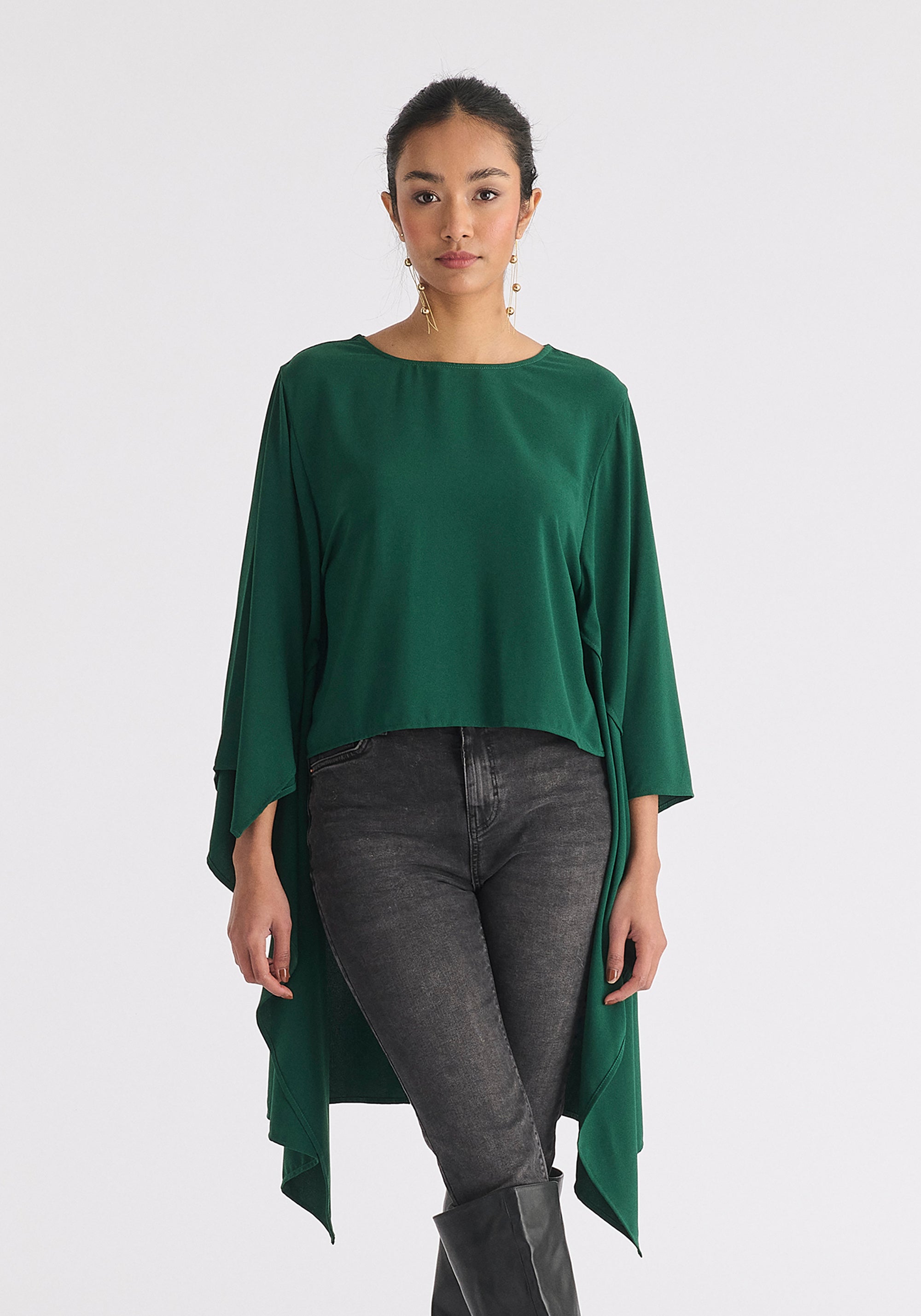 Round Neck Cape Top in Dark Green