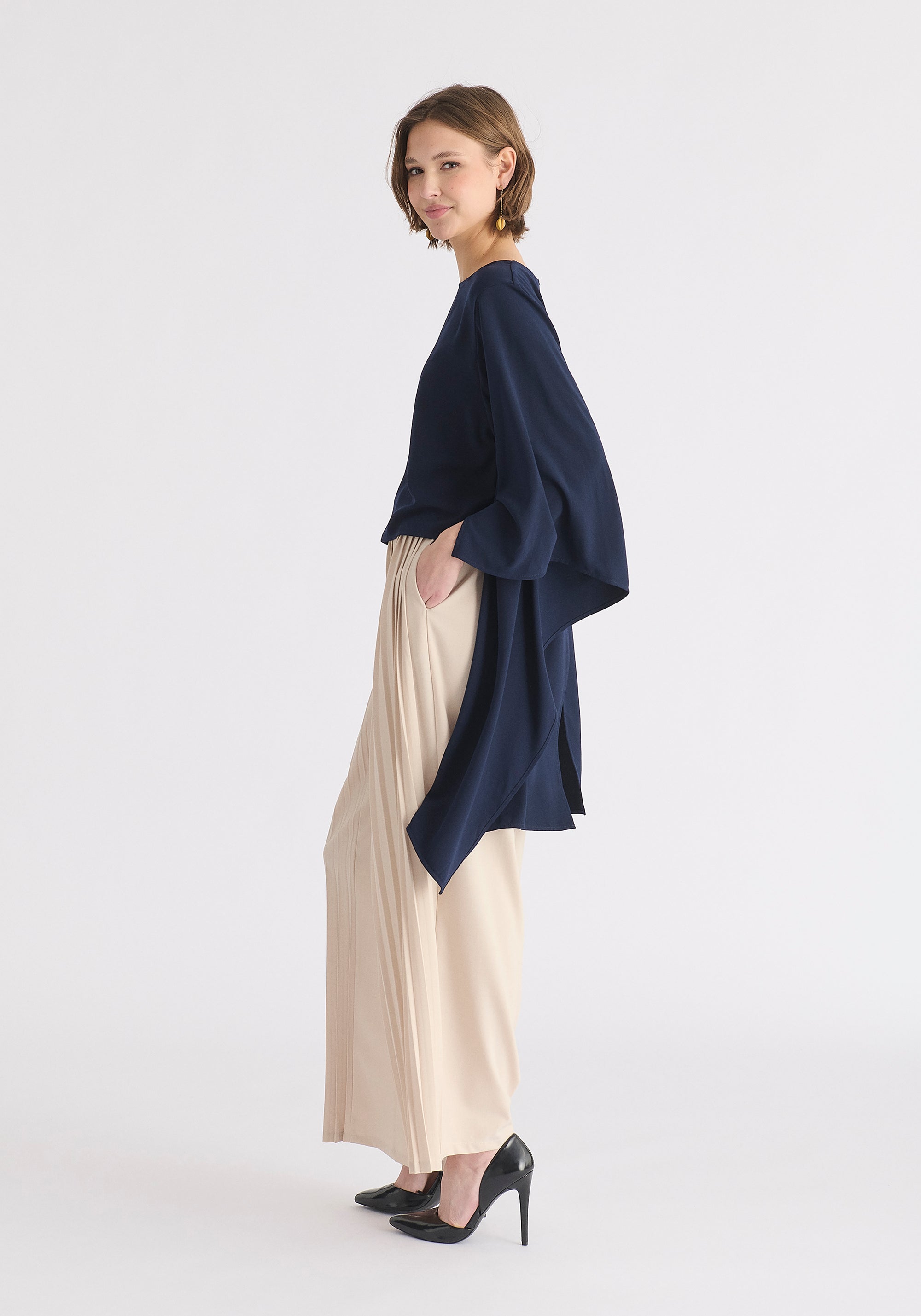 Round Neck Cape Top in Navy Side