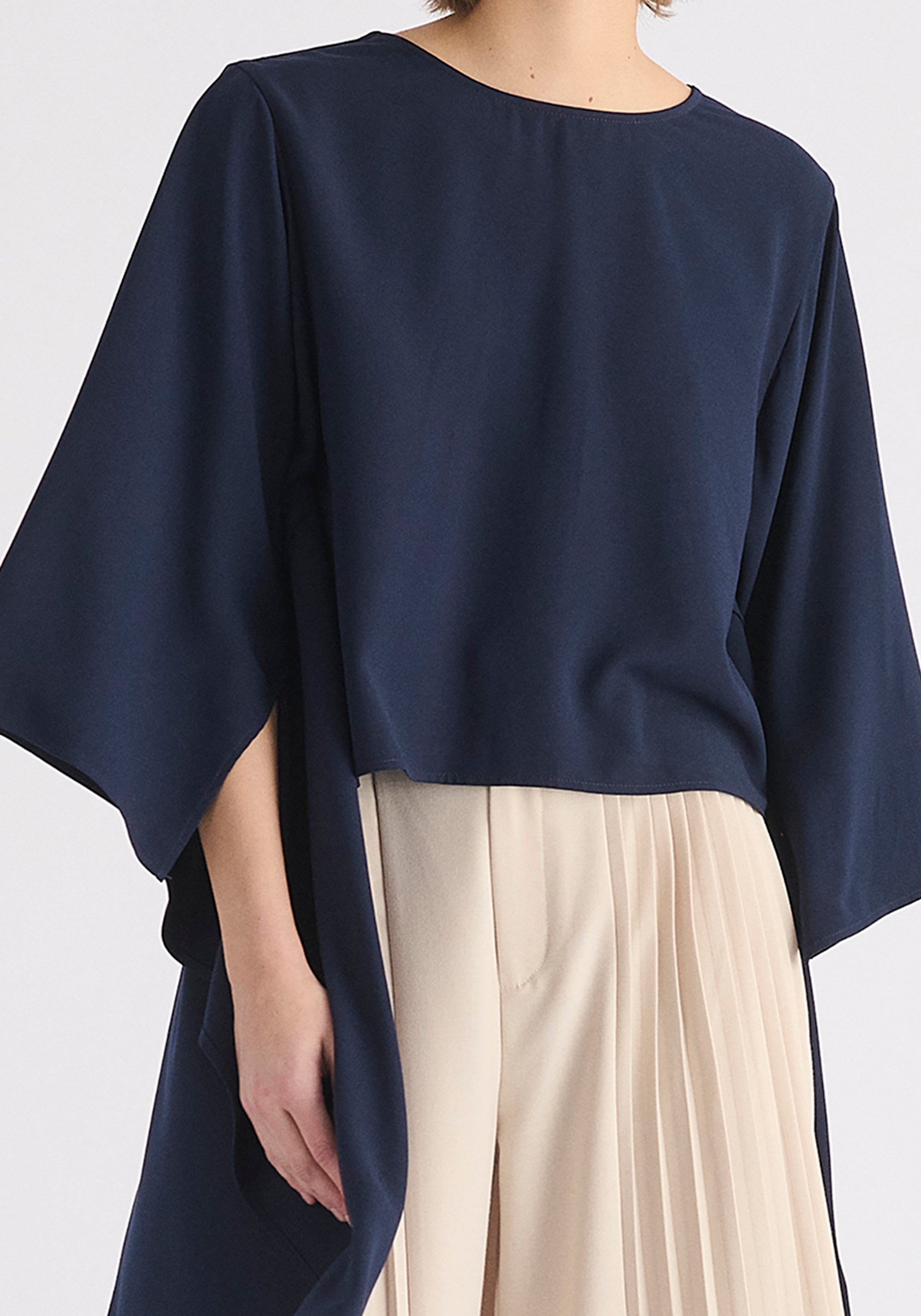 Round Neck Cape Top in Navy Close Up