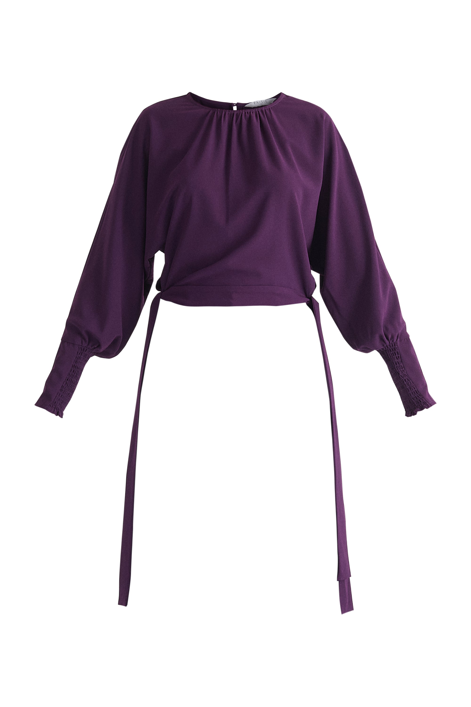 Waist Tie Top with Shirred Cuffs in Midnight Plum Cut Out