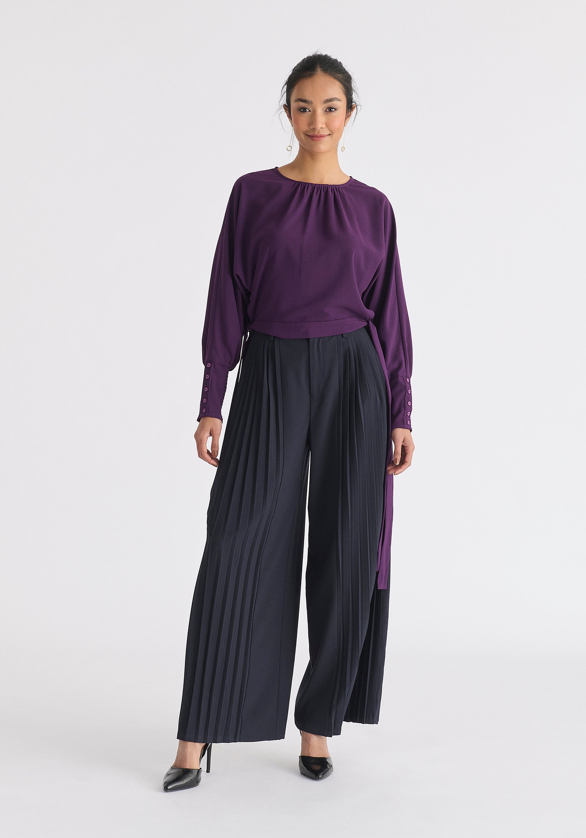 Waist Tie Top with Shirred Cuffs in Midnight Plum