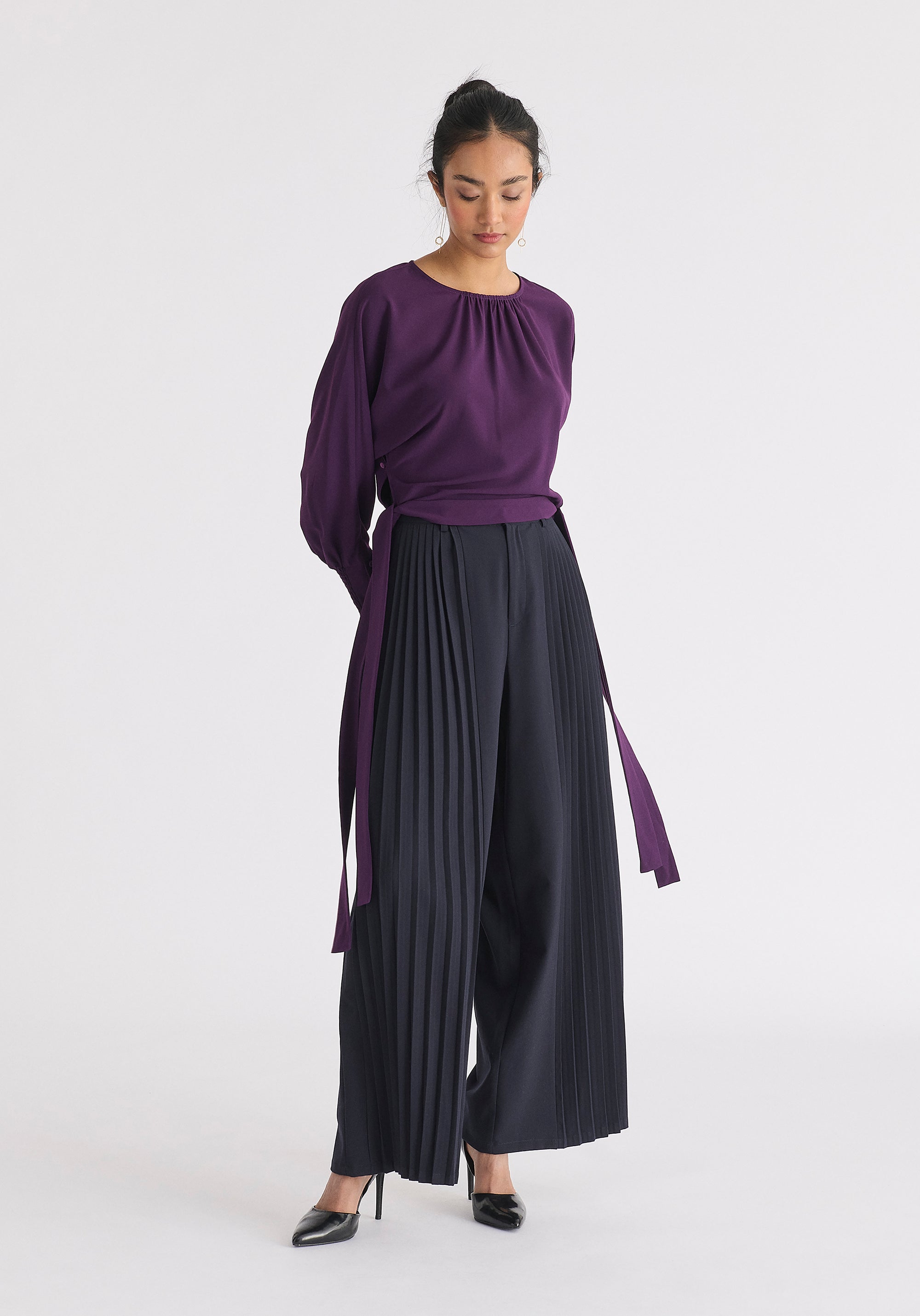 Waist Tie Top with Shirred Cuffs in Midnight Plum