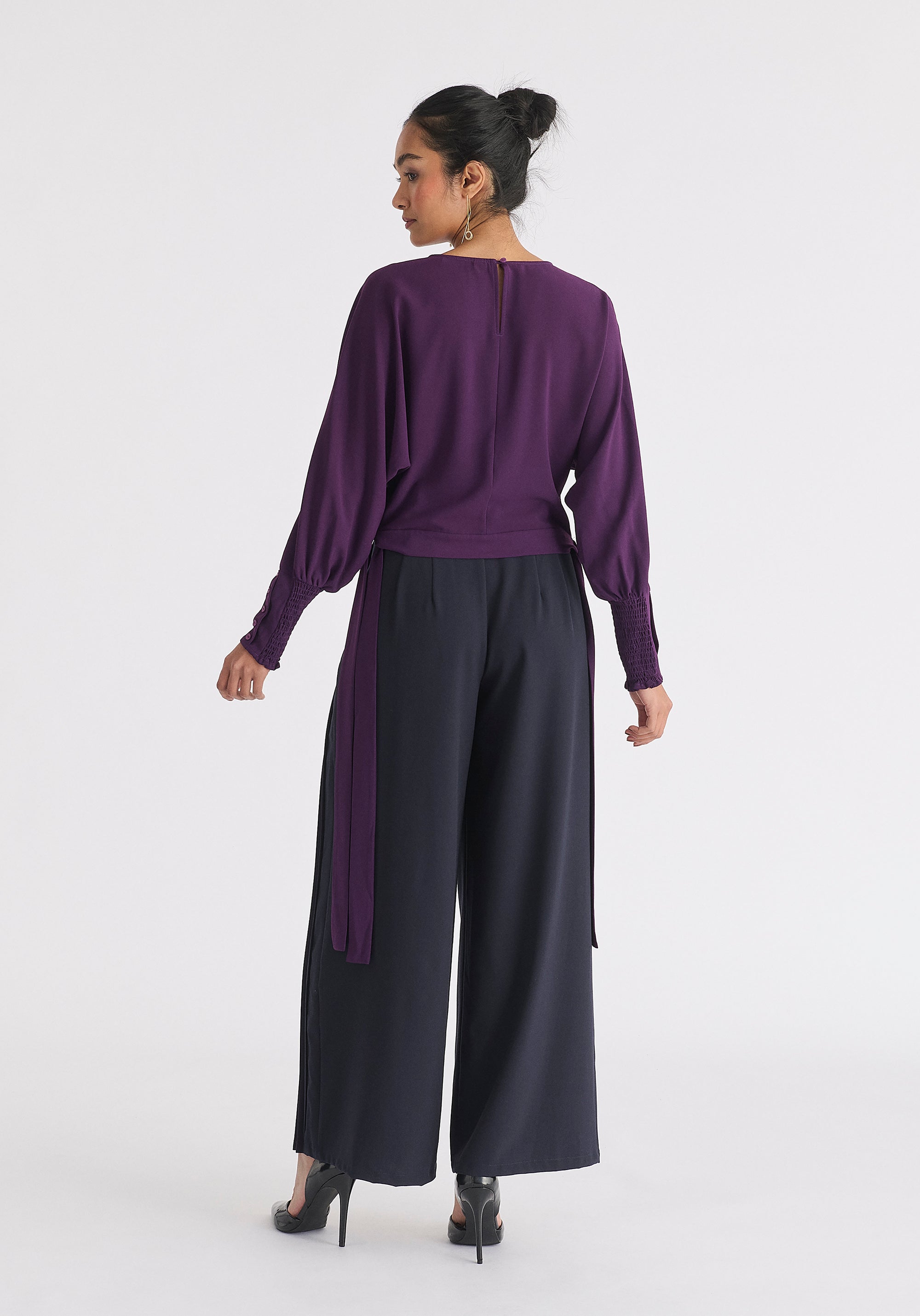 Waist Tie Top with Shirred Cuffs in Midnight Plum Back