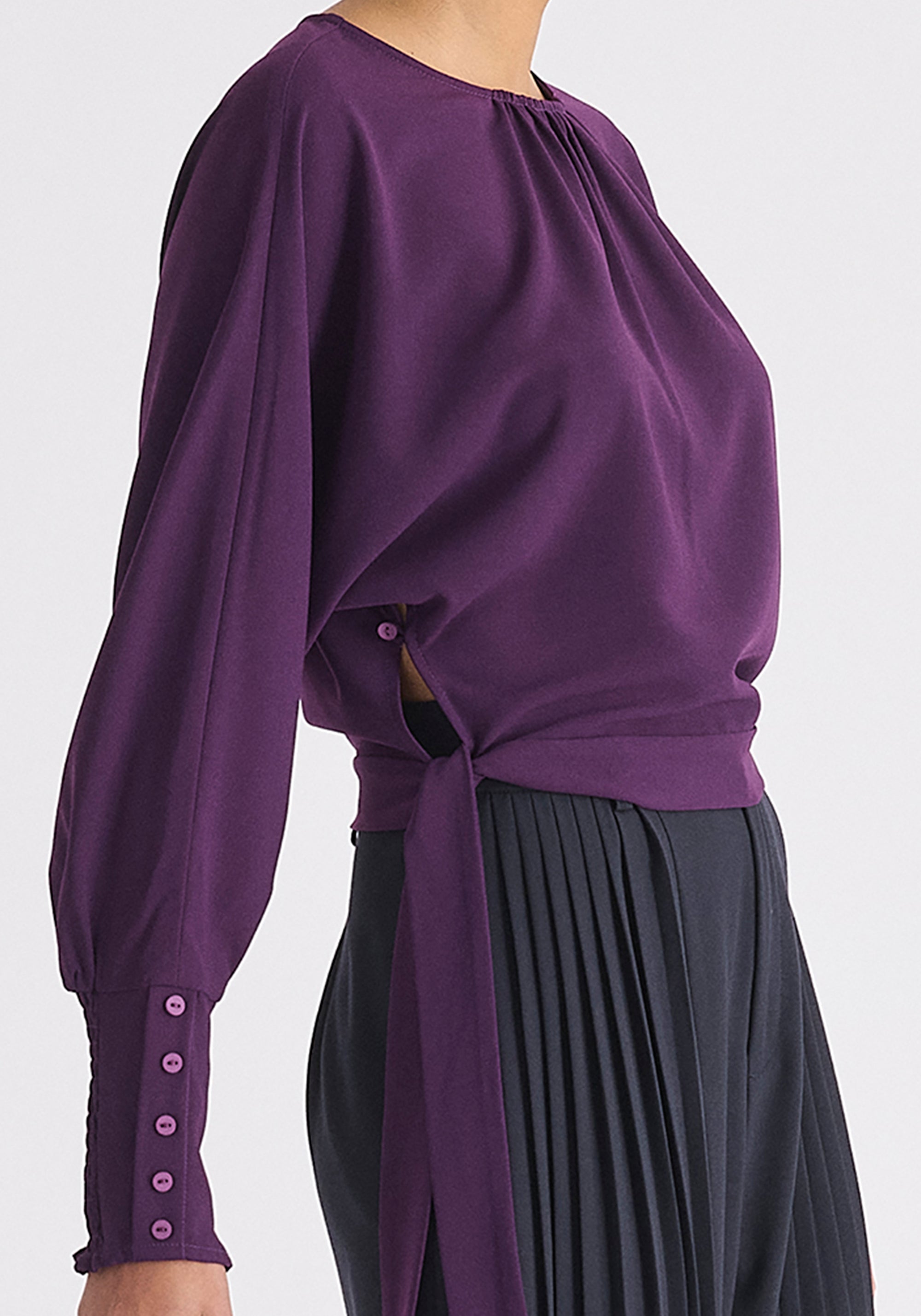 Waist Tie Top with Shirred Cuffs in Midnight Plum Close Up