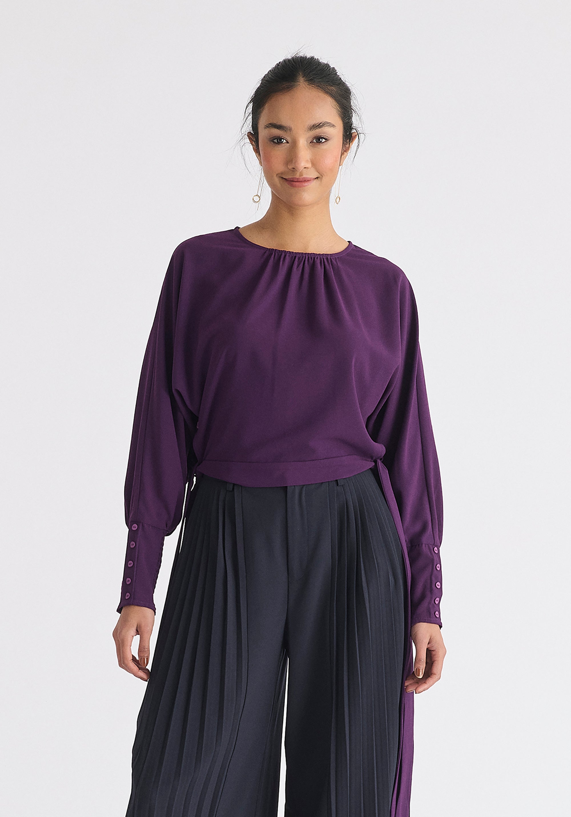 Waist Tie Top with Shirred Cuffs in Midnight Plum