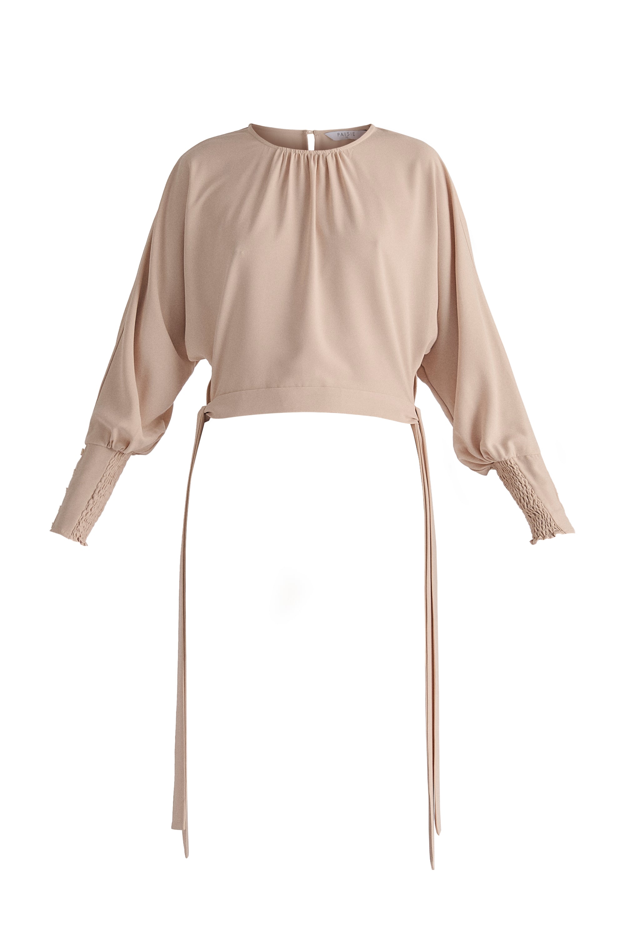 Waist Tie Top with Shirred Cuffs in Cream Cut Out