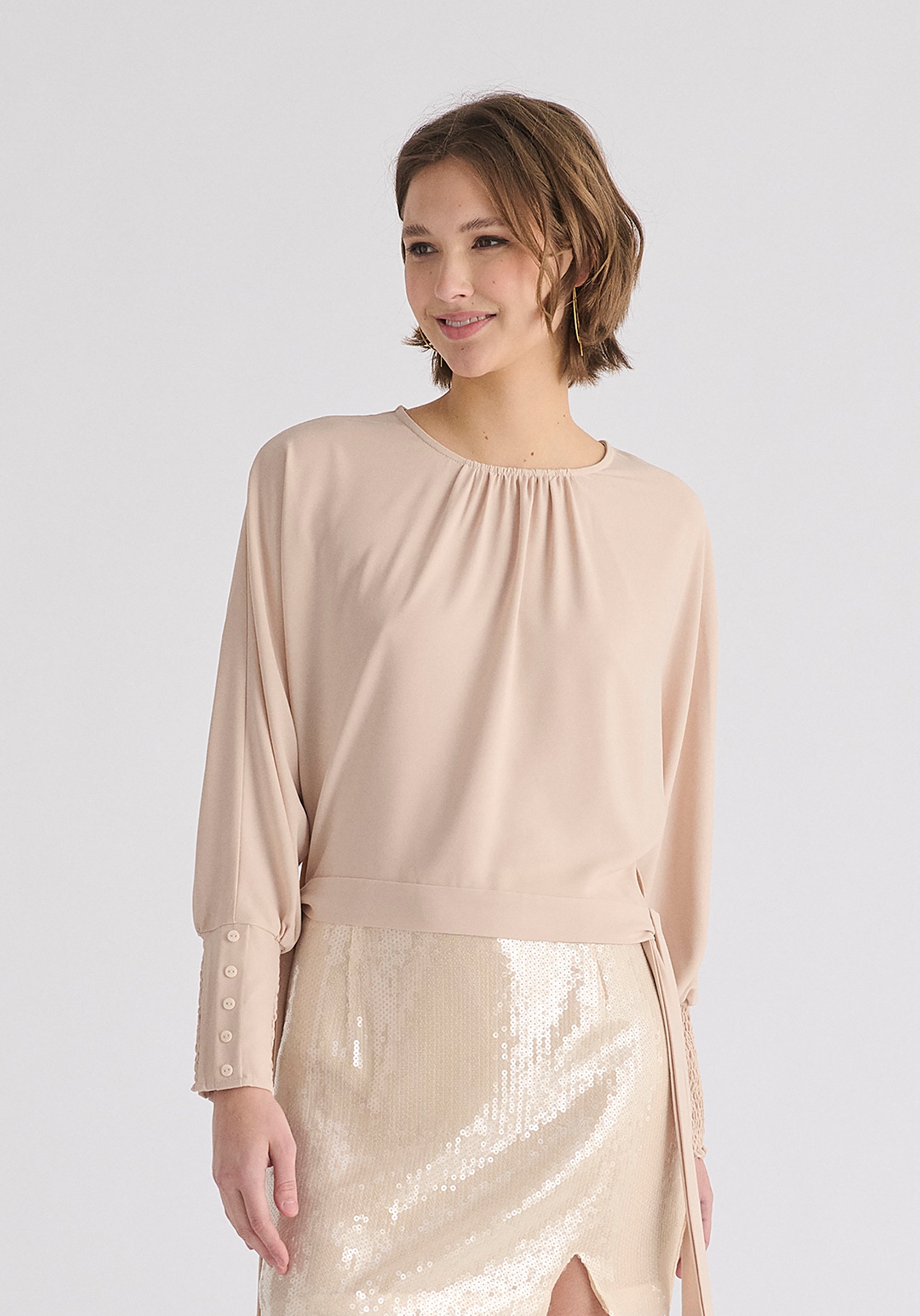 Waist Tie Top with Shirred Cuffs in Cream