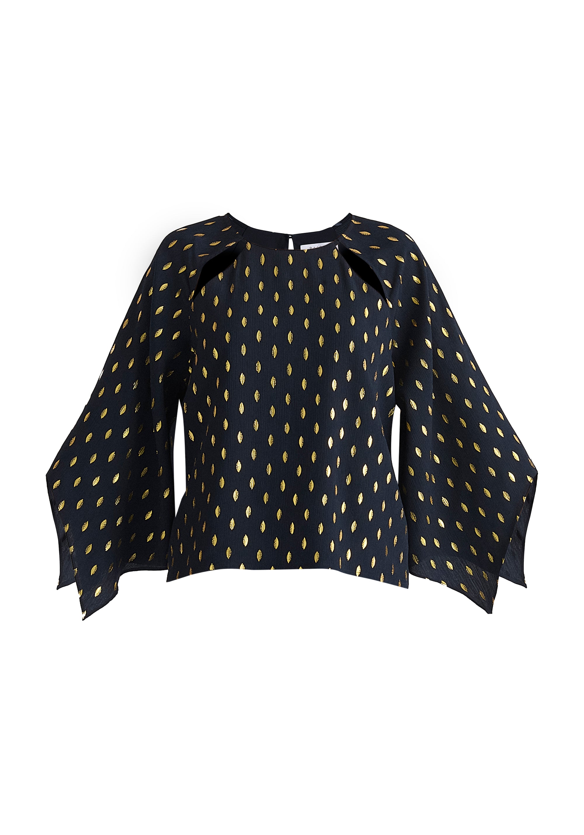 Gold Foil Print Cut-Out Draped Sleeve Top in Navy and Gold Cut Out