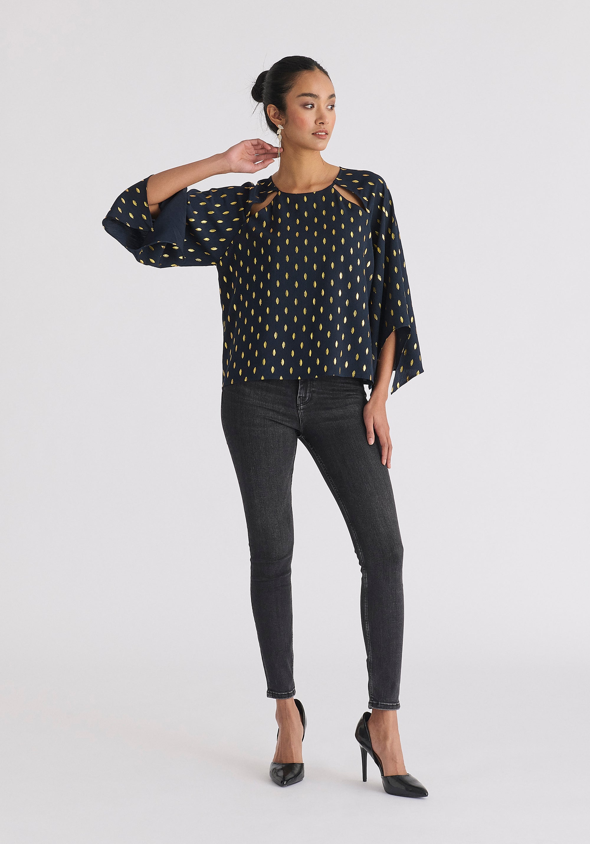 Gold Foil Print Cut-Out Draped Sleeve Top in Navy and Gold