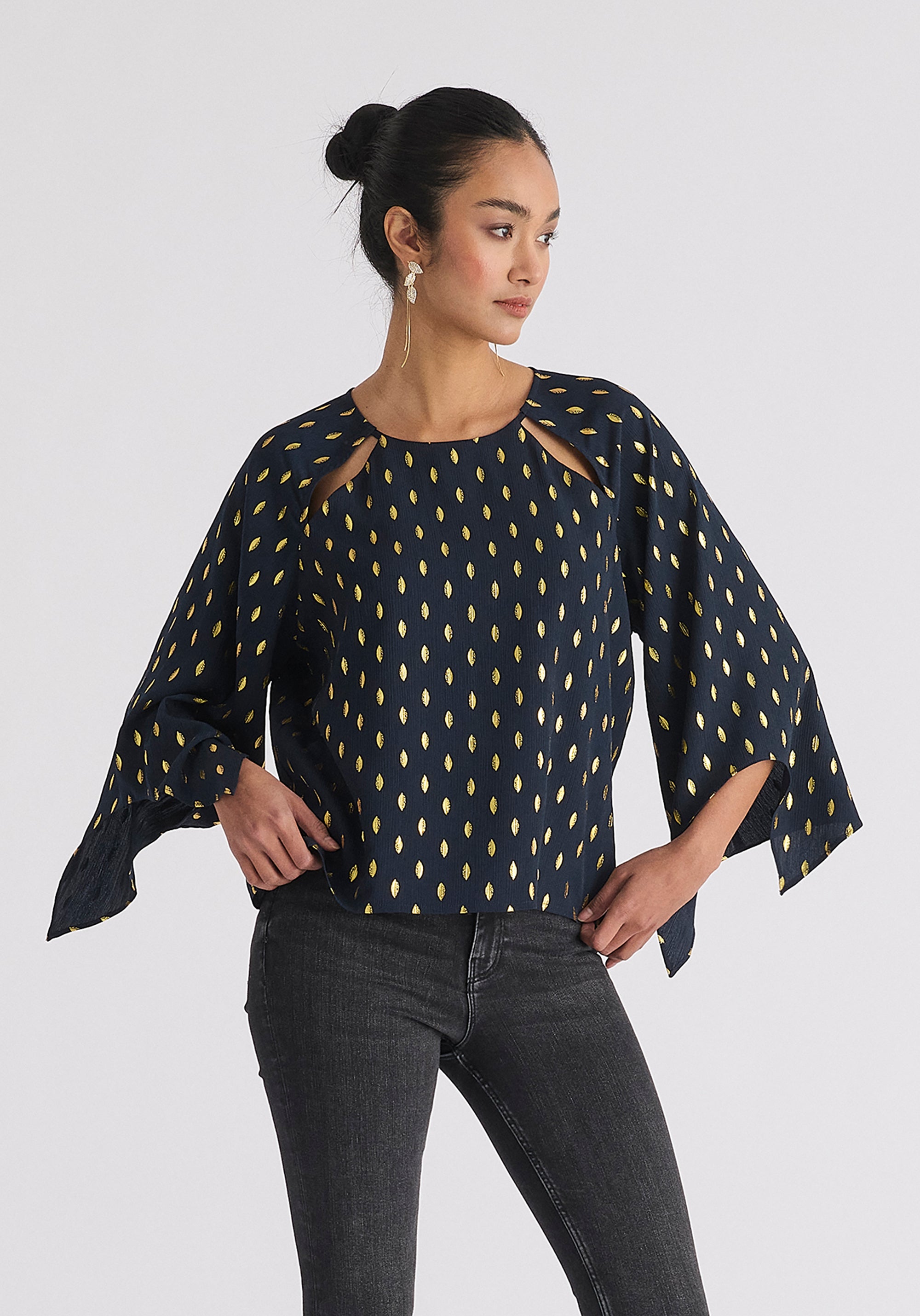 Gold Foil Print Cut-Out Draped Sleeve Top in Navy and Gold