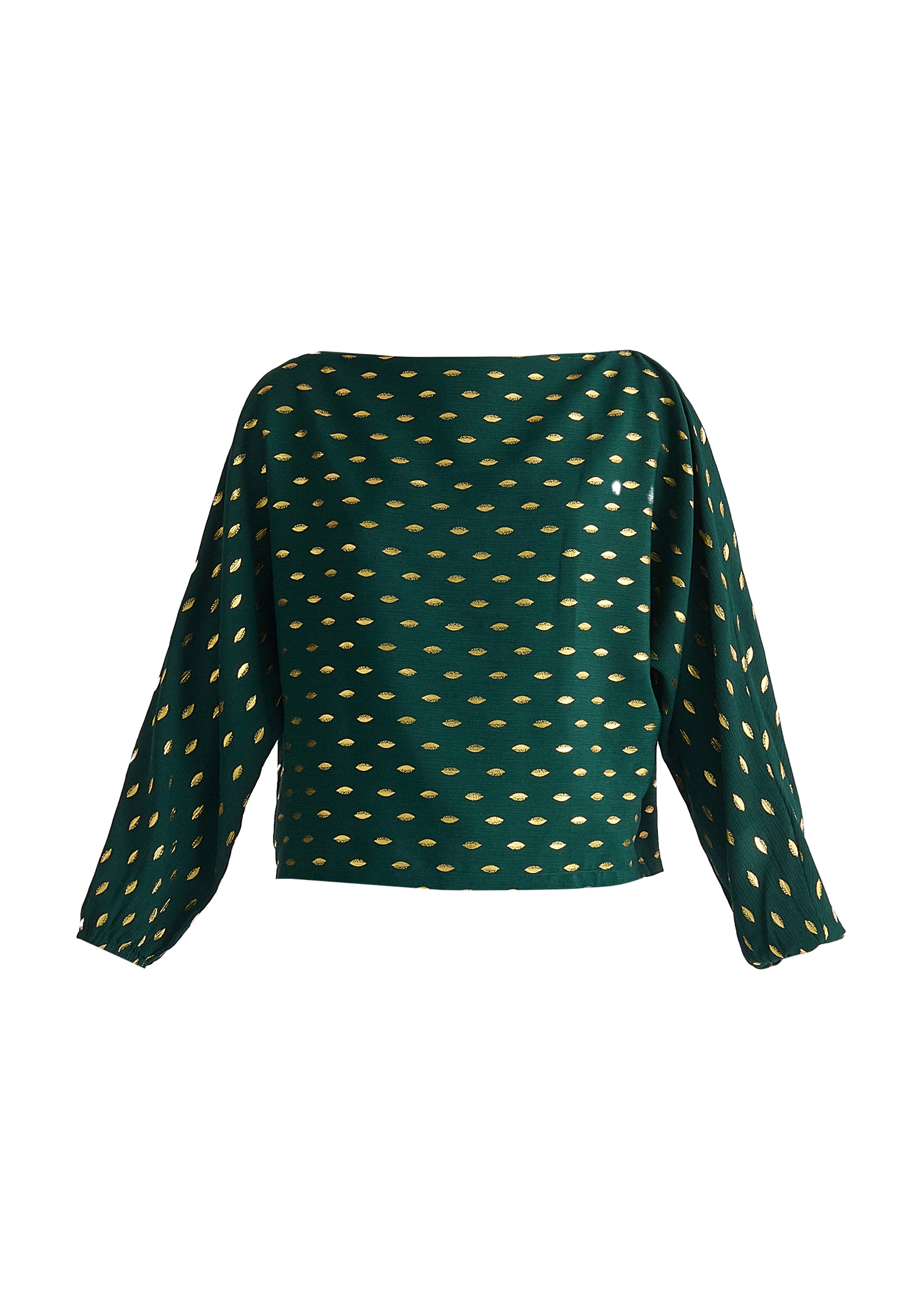 Gold Foil Print Boat Neck Top in Dark Green and Gold Cut Out