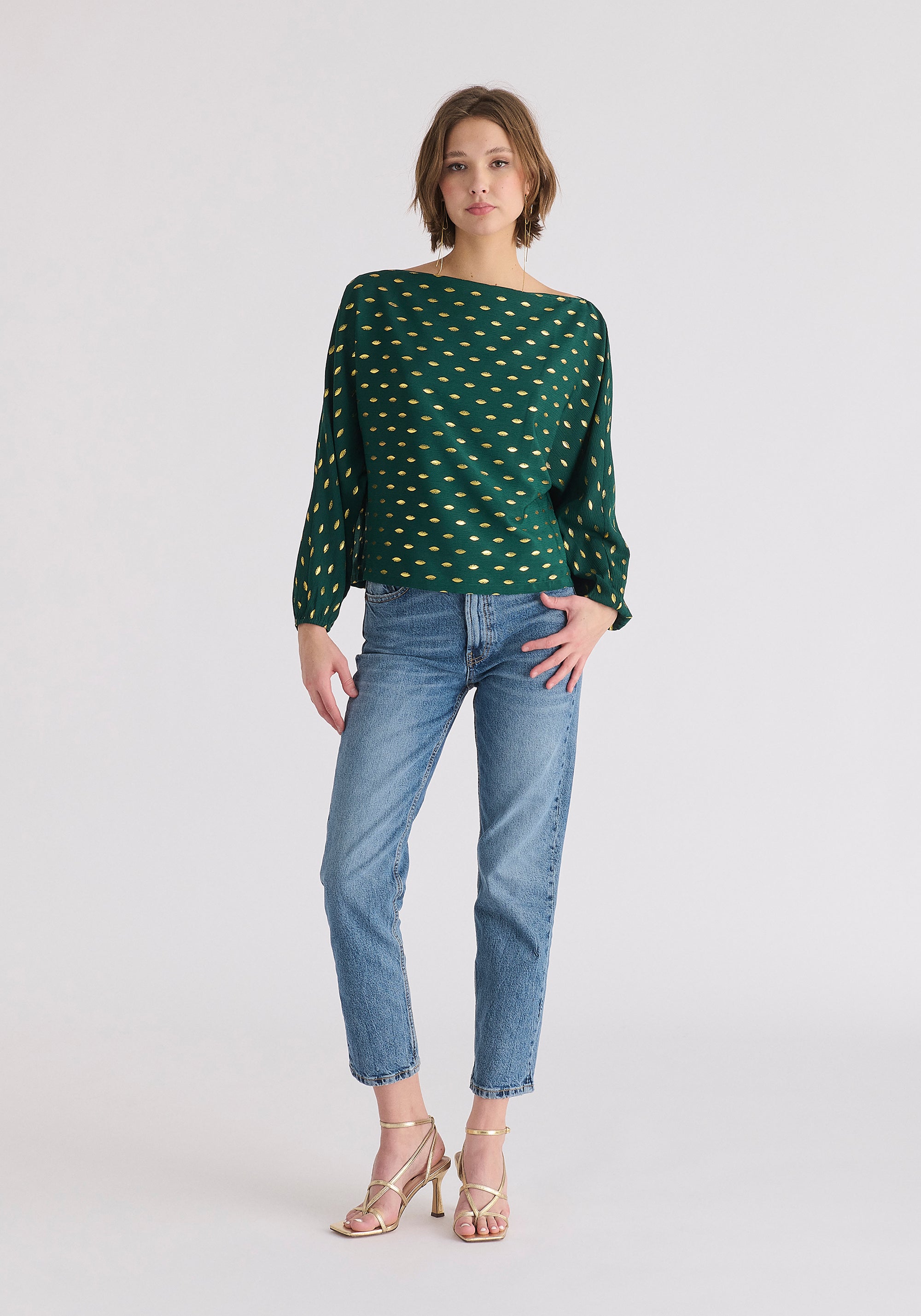 Gold Foil Print Boat Neck Top in Dark Green and Gold