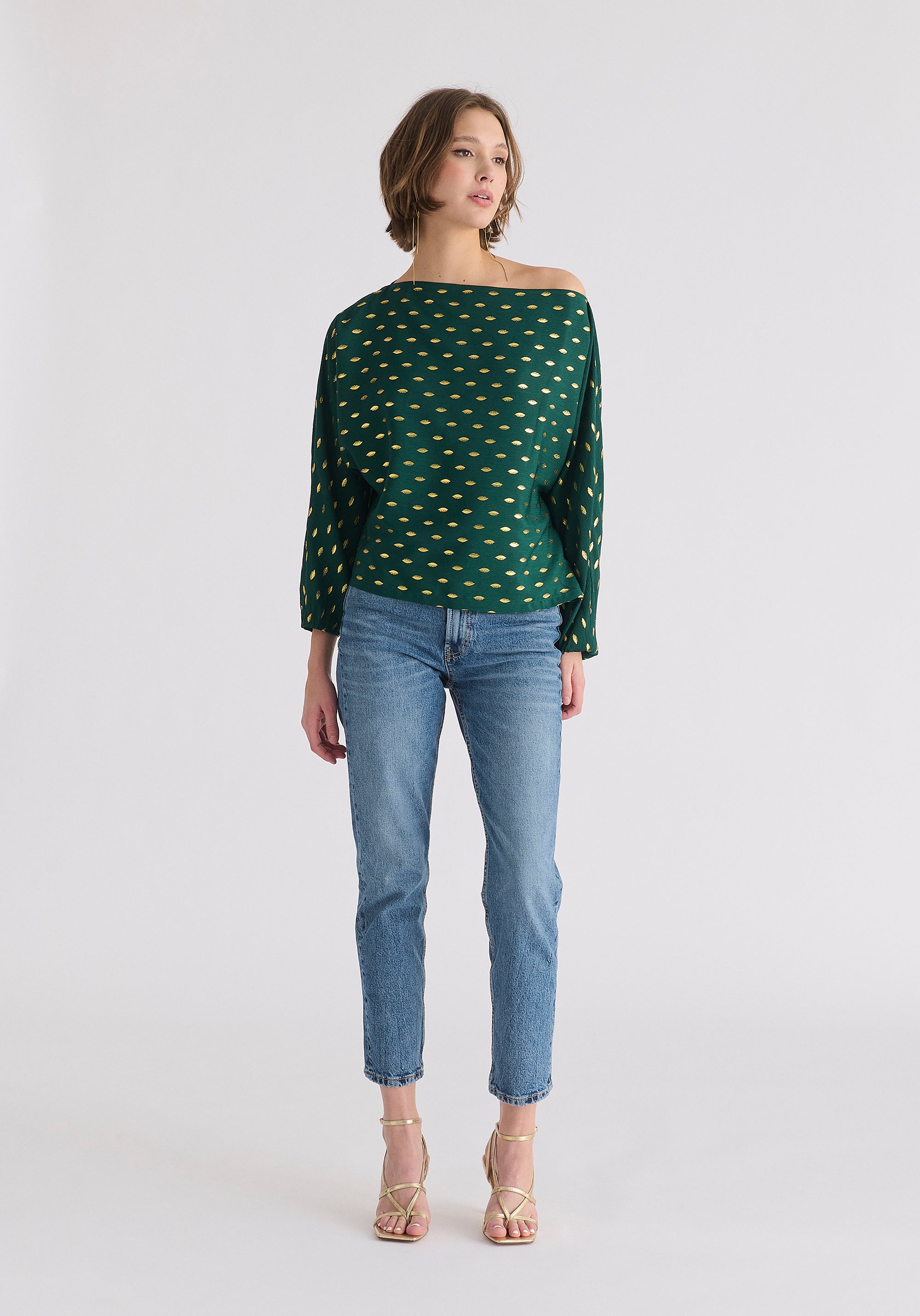 Gold Foil Print Boat Neck Top in Dark Green and Gold