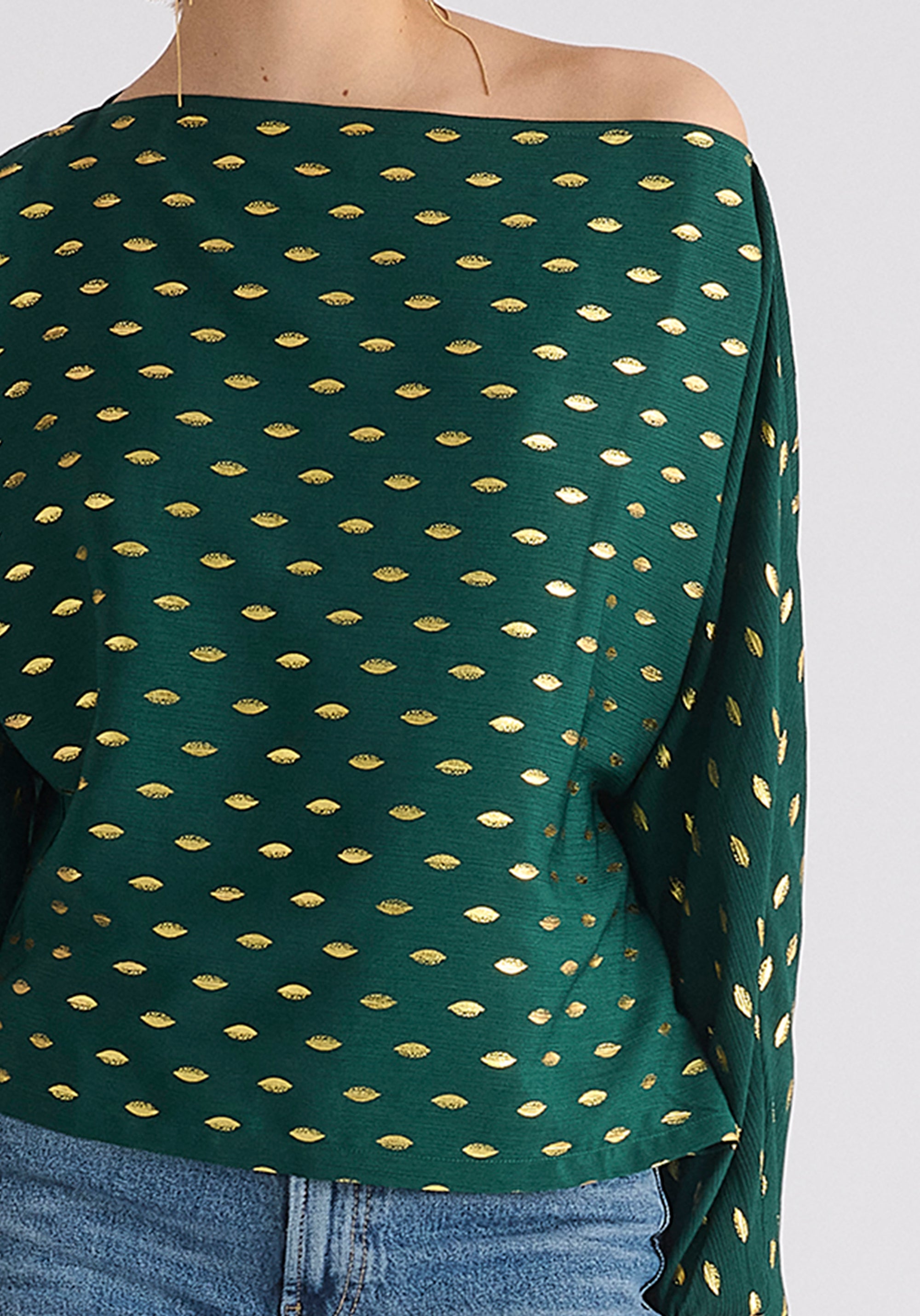 Gold Foil Print Boat Neck Top in Dark Green and Gold Close Up