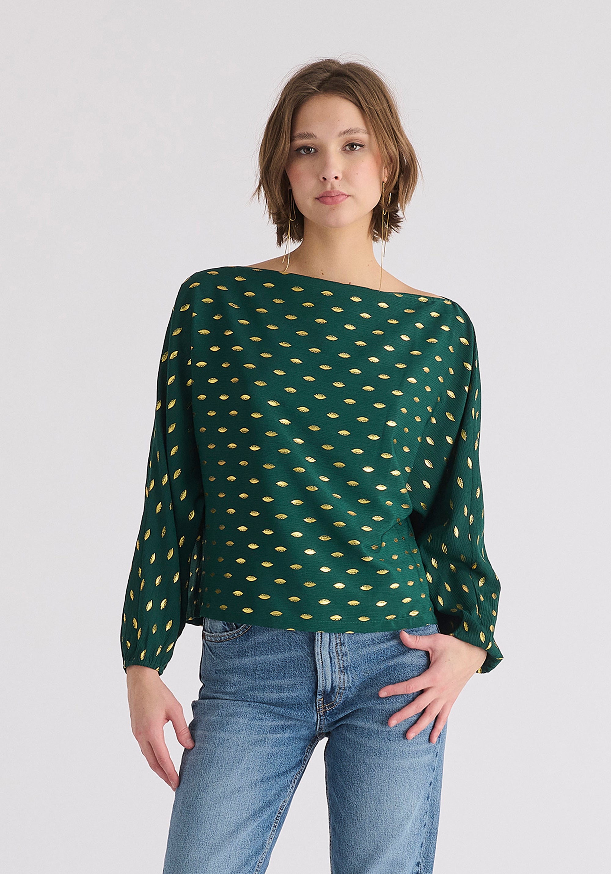 Gold Foil Print Boat Neck Top in Dark Green and Gold