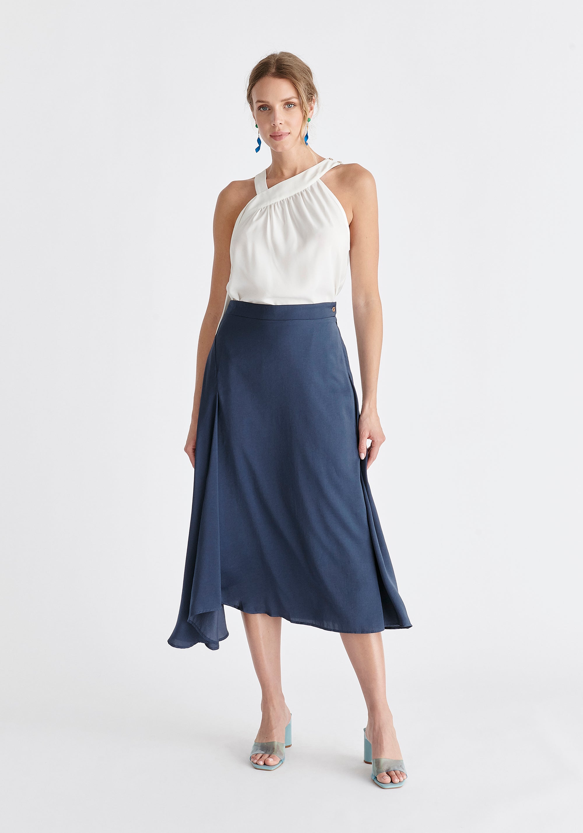 Asymmetric Hem Skirt in Navy Front