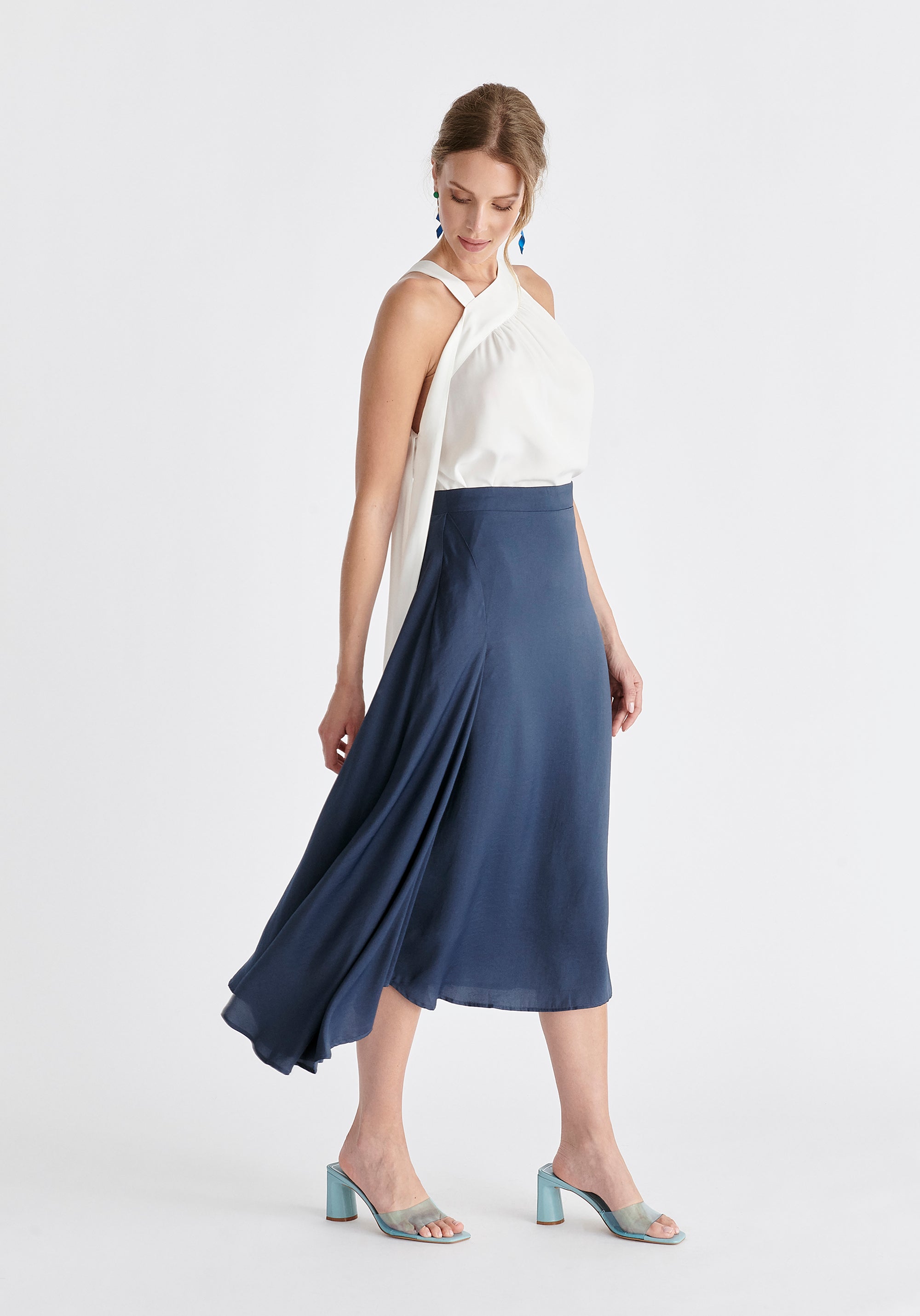 Asymmetric Hem Skirt in Navy Side