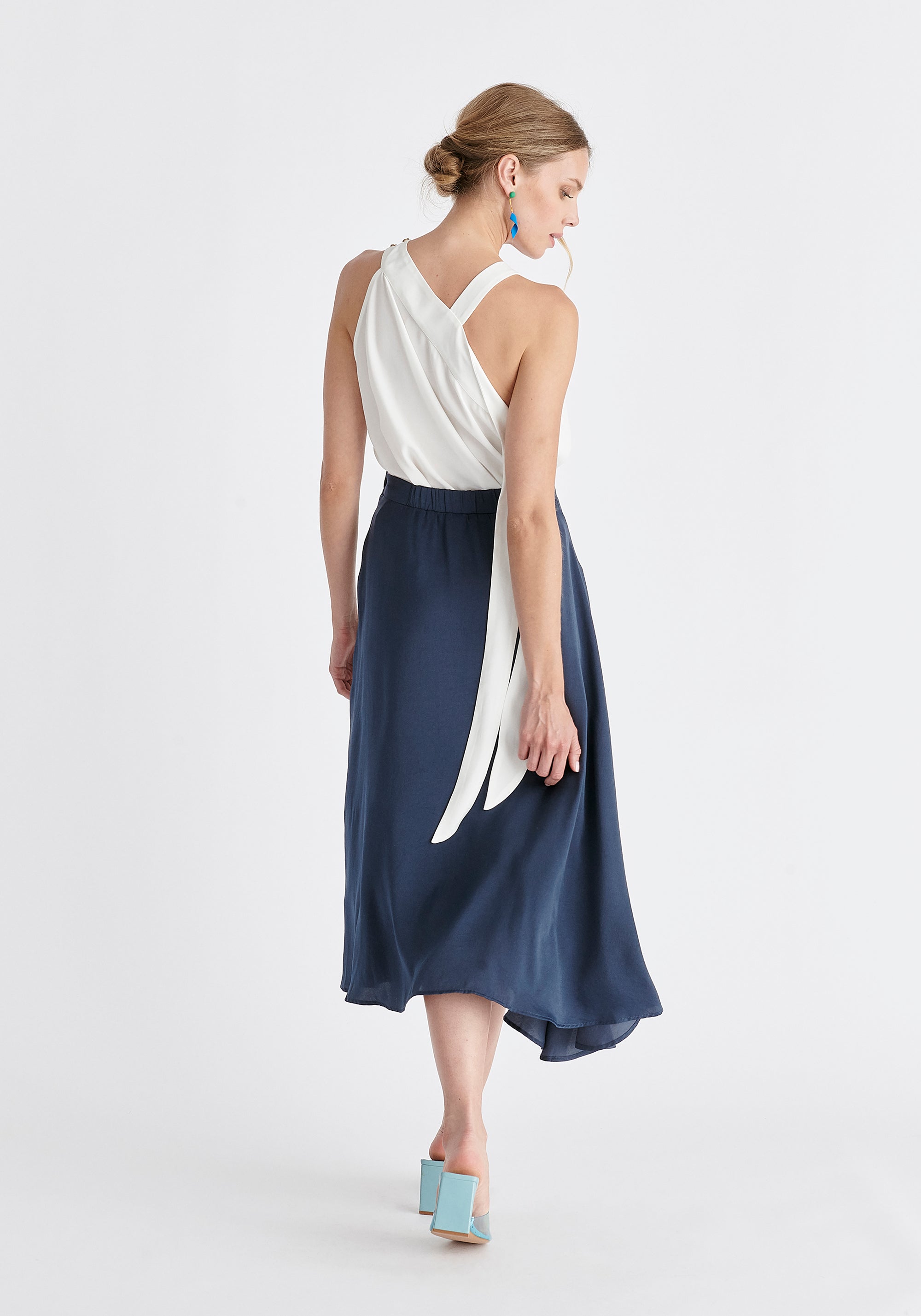 Asymmetric Hem Skirt in Navy Back