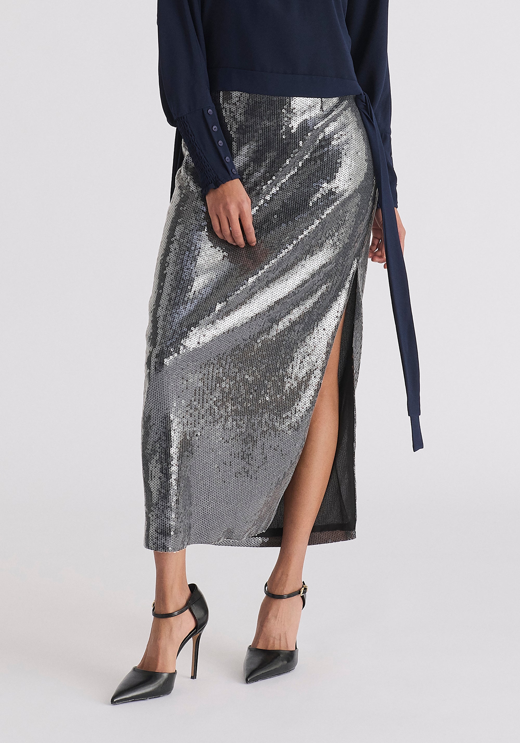 Sequin Midi Skirt with Side Slit in Black Skirts Paisie