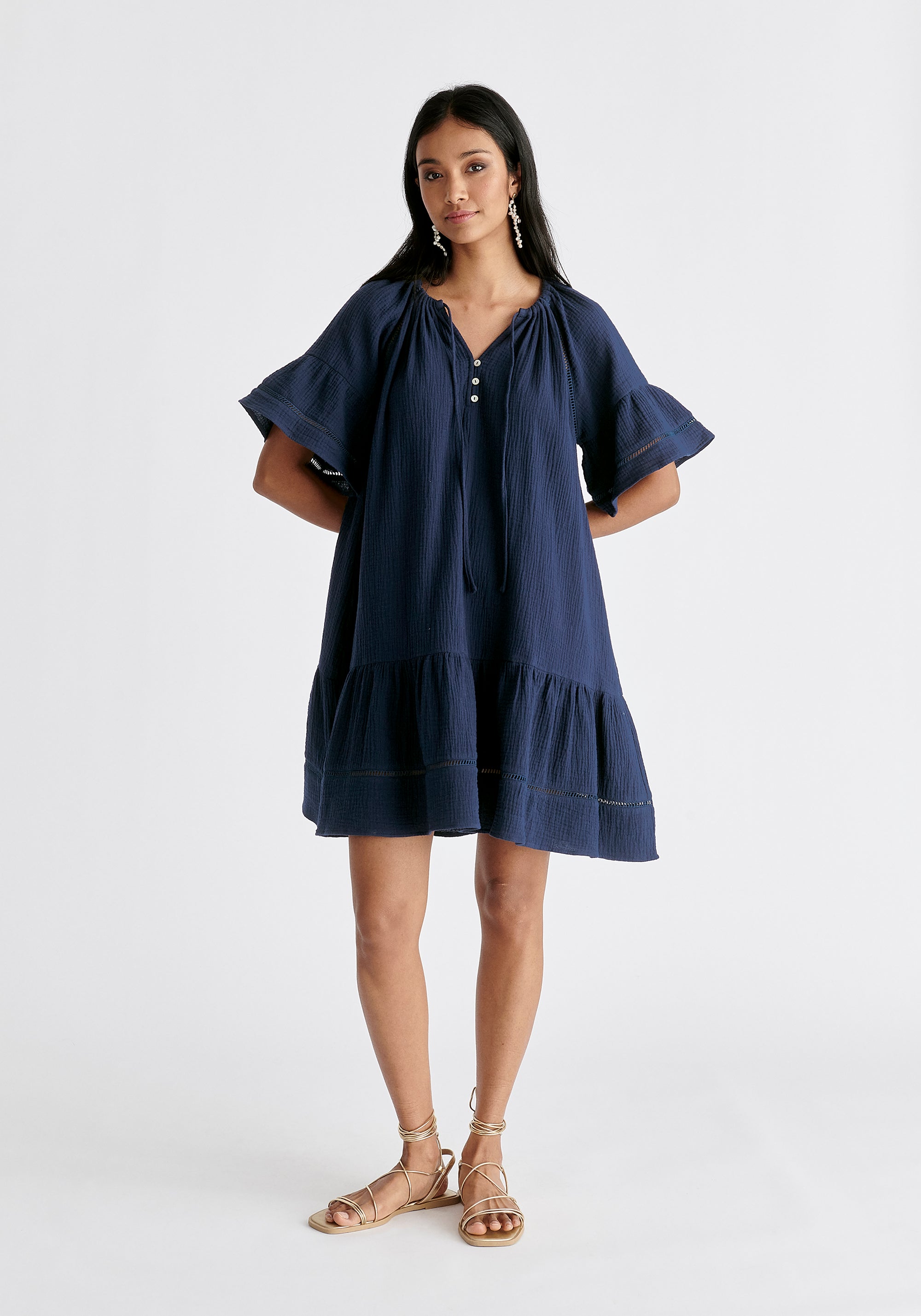 Cheesecloth Swing Dress in Navy