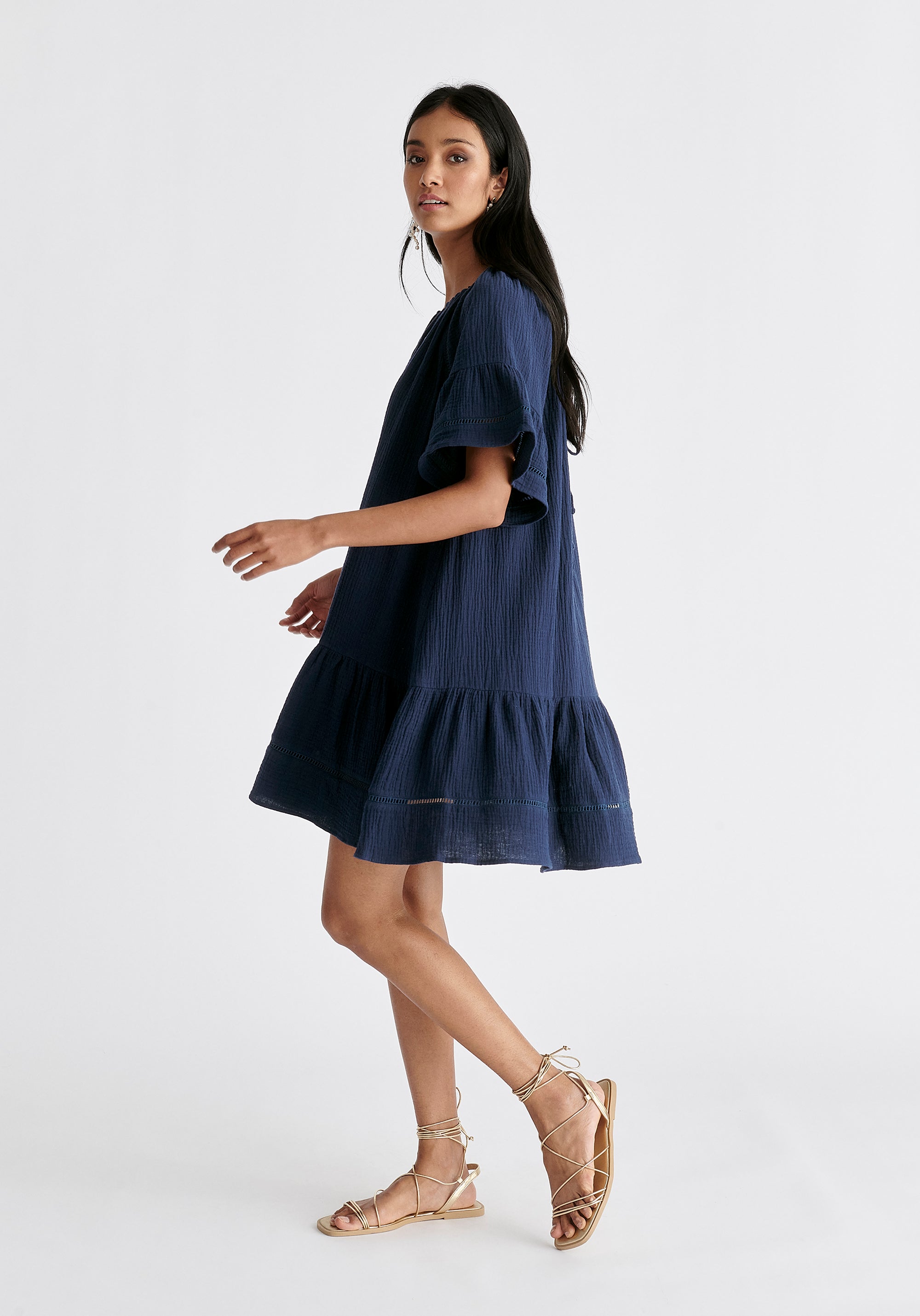 Cheesecloth Swing Dress in Navy Side