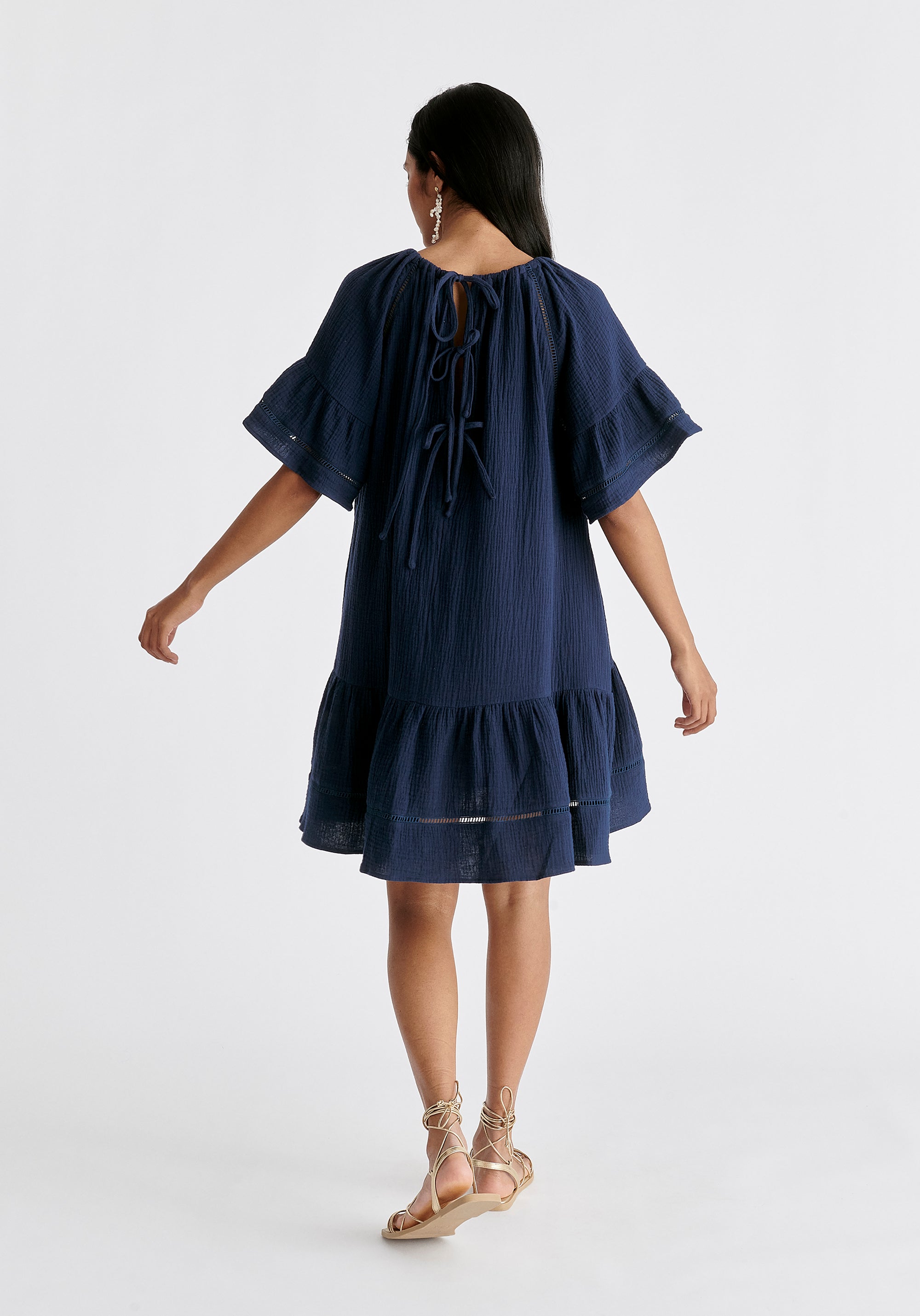 Cheesecloth Swing Dress in Navy Back