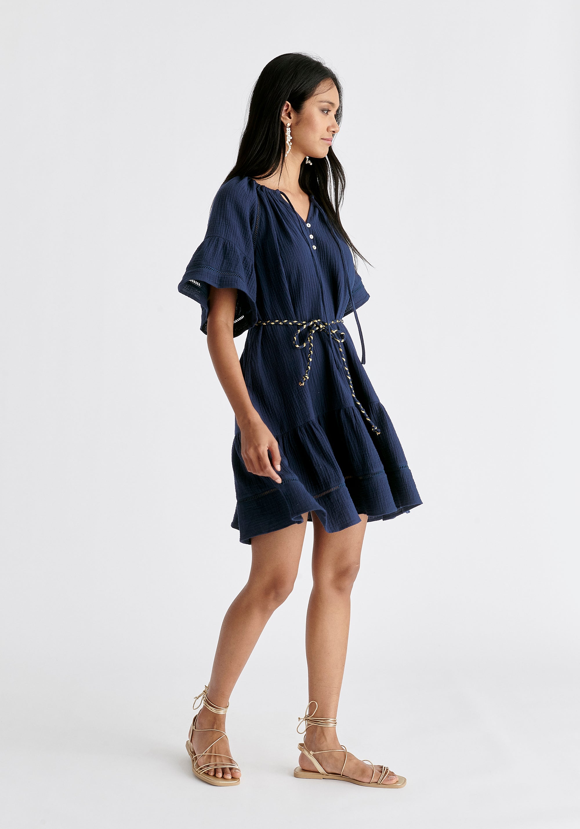 Cheesecloth Swing Dress in Navy Side