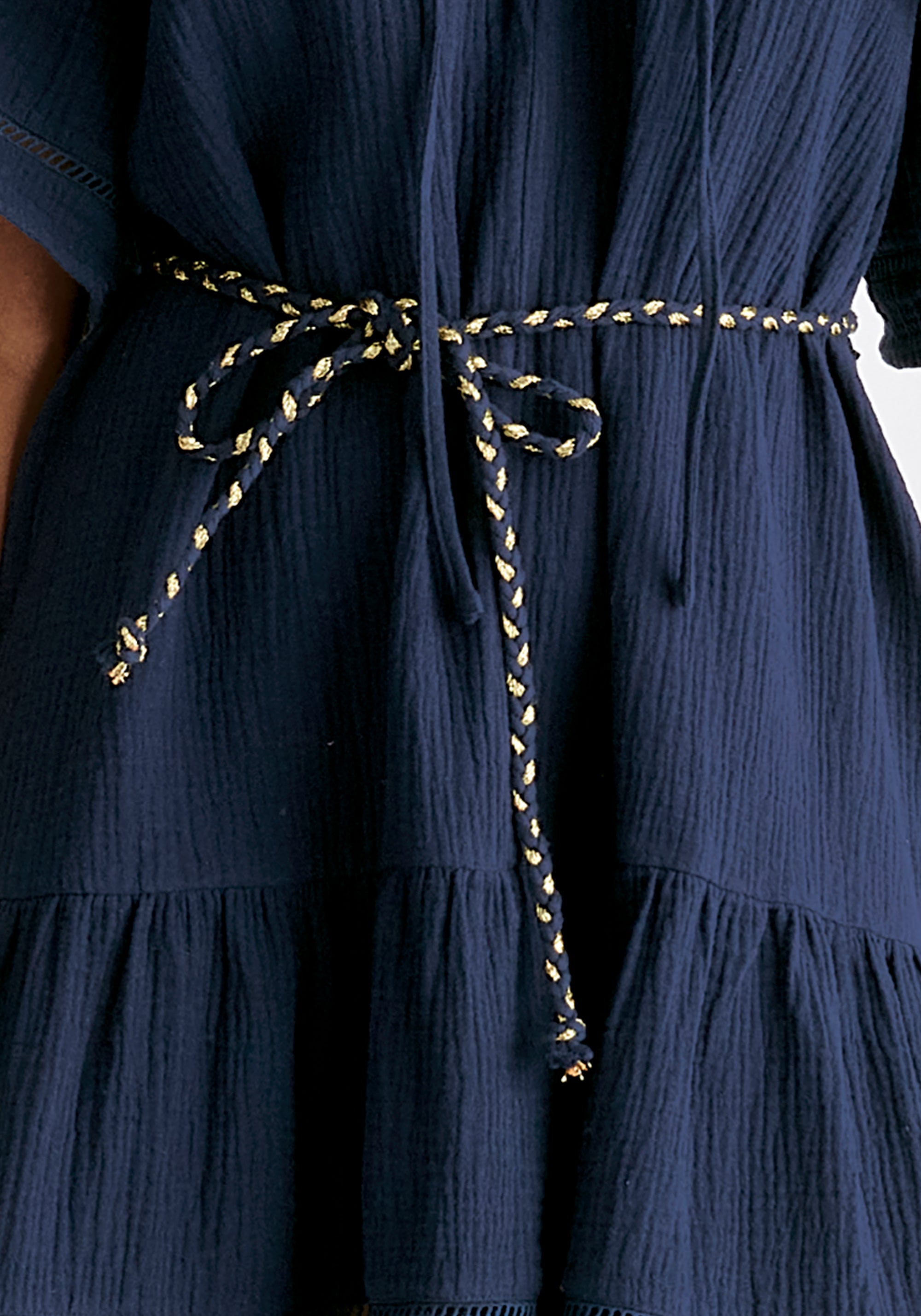 Cheesecloth Swing Dress in Navy Close Up