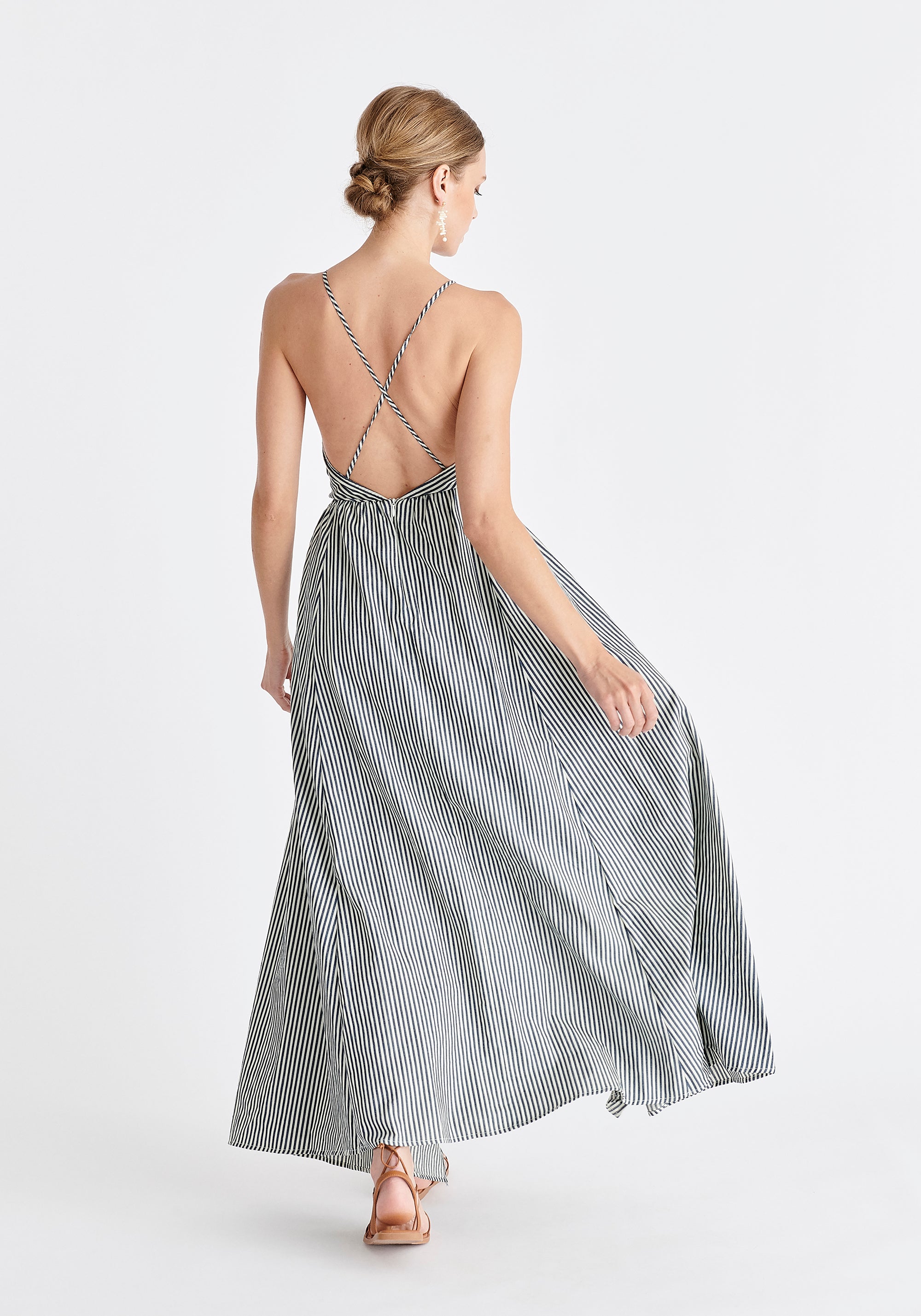 Open Back Maxi Dress in Navy and White Back