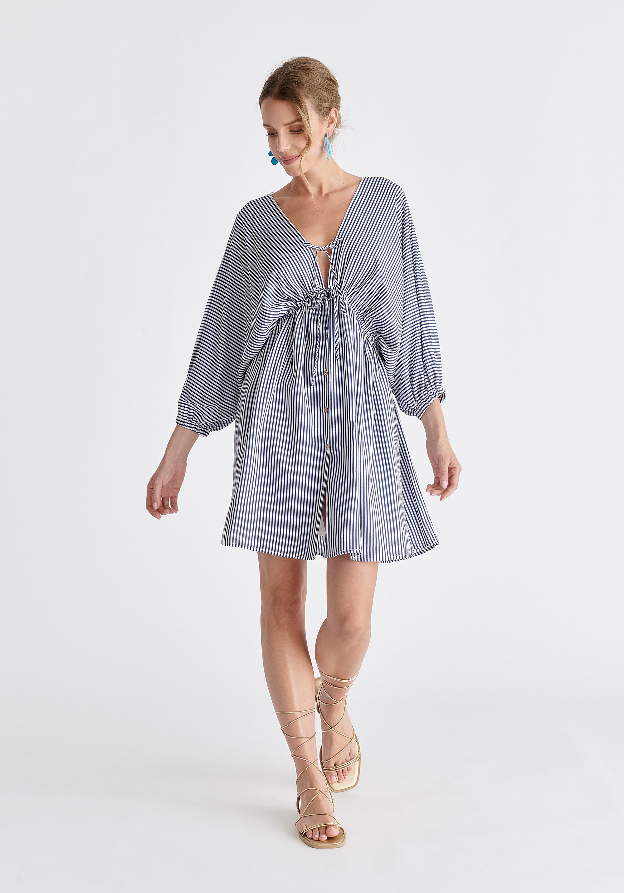 V-Neck Balloon Sleeve Dress in Blue and White