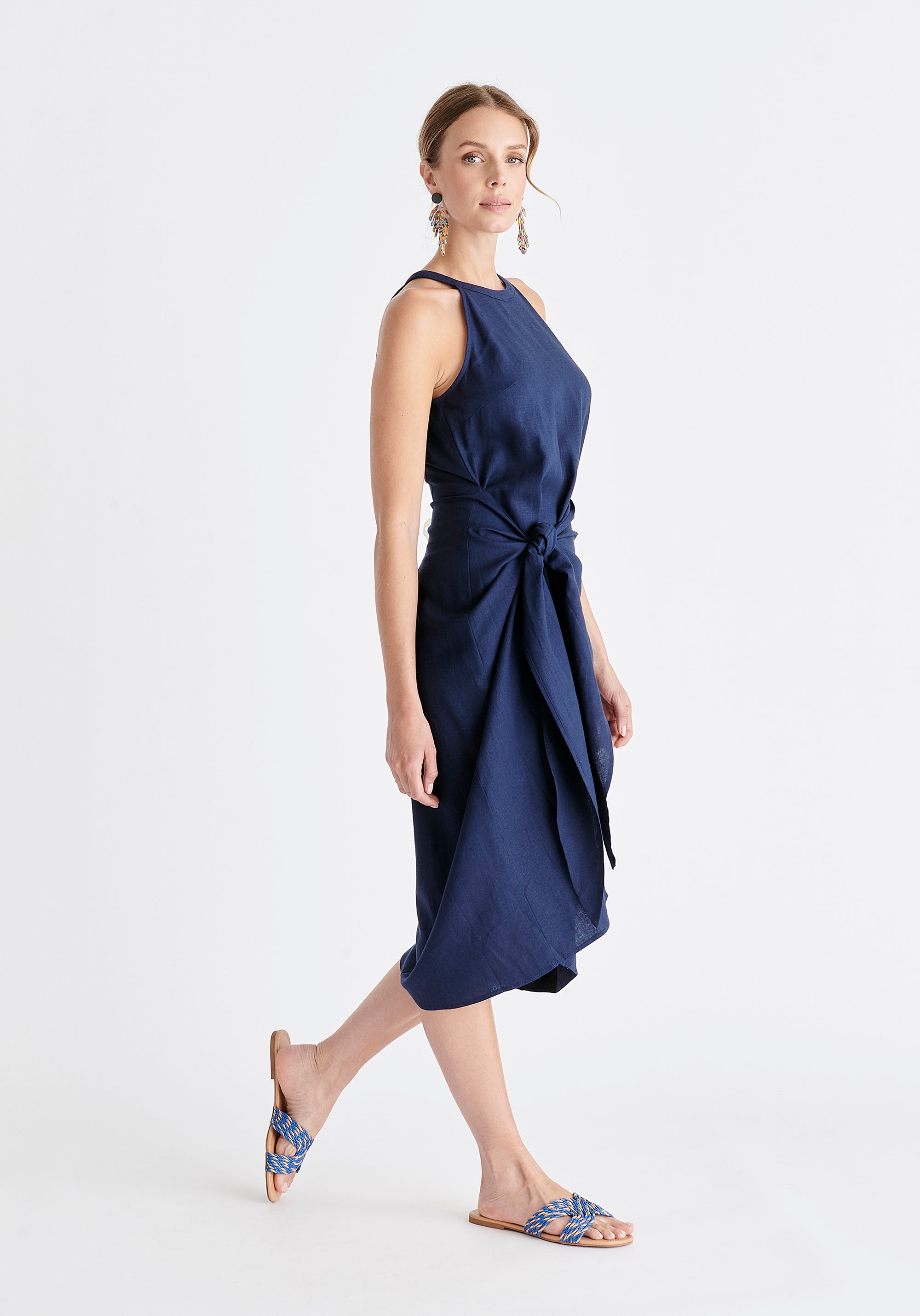 Linen Blend Waist Tie Dress