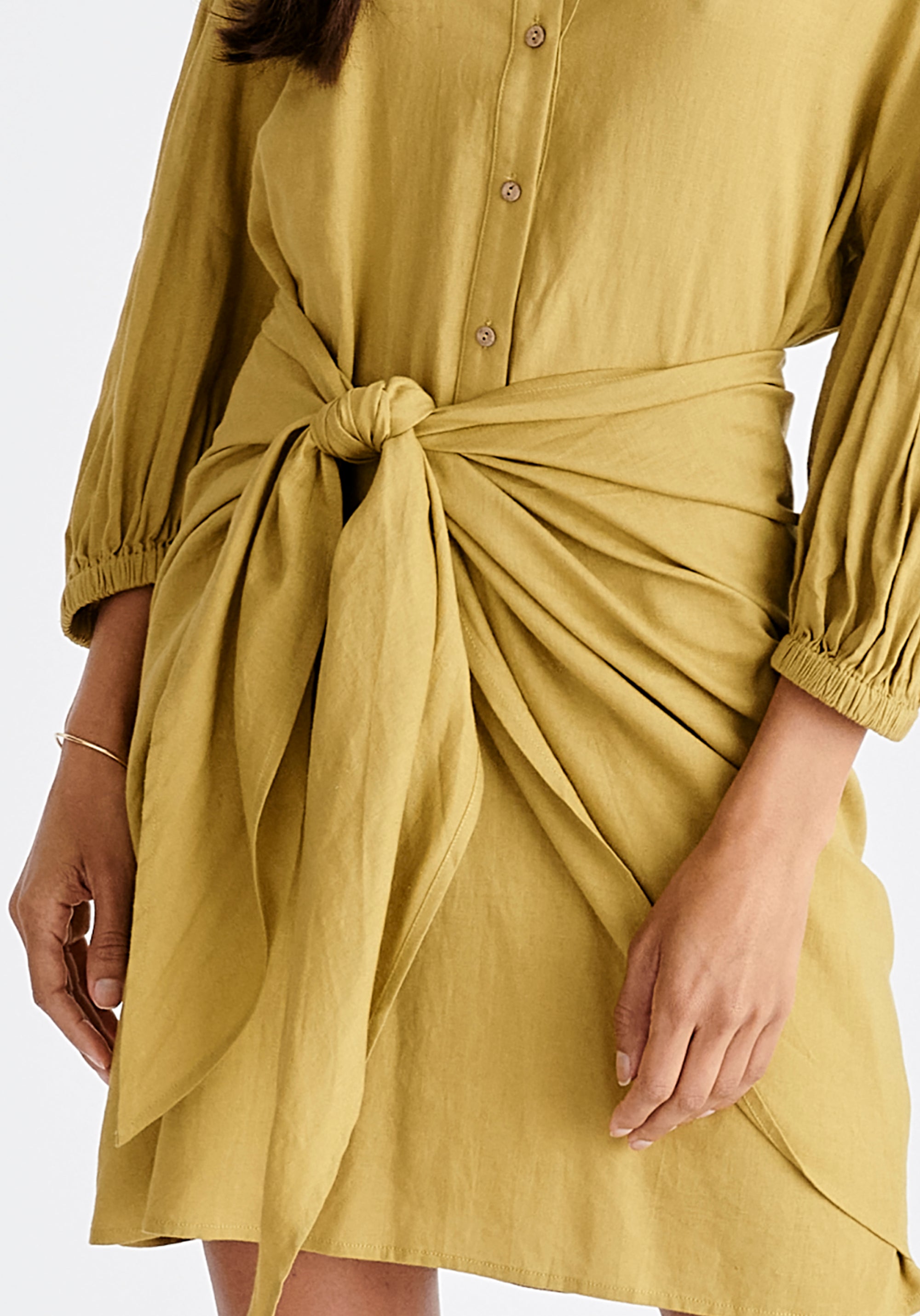 Linen Blend Shirt Dress in Olive Close Up