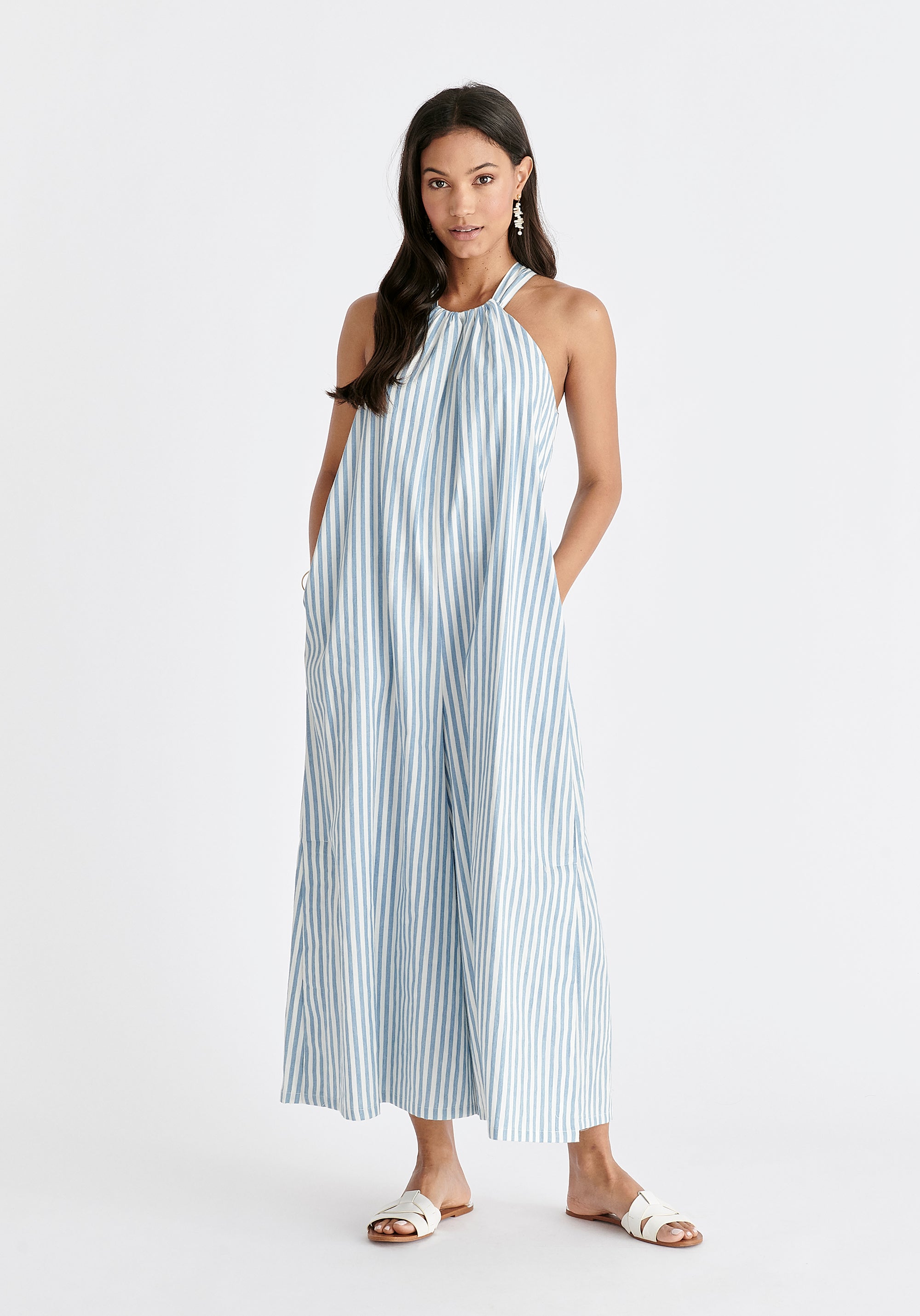 Striped Halterneck Cotton Jumpsuit in Light Blue and White