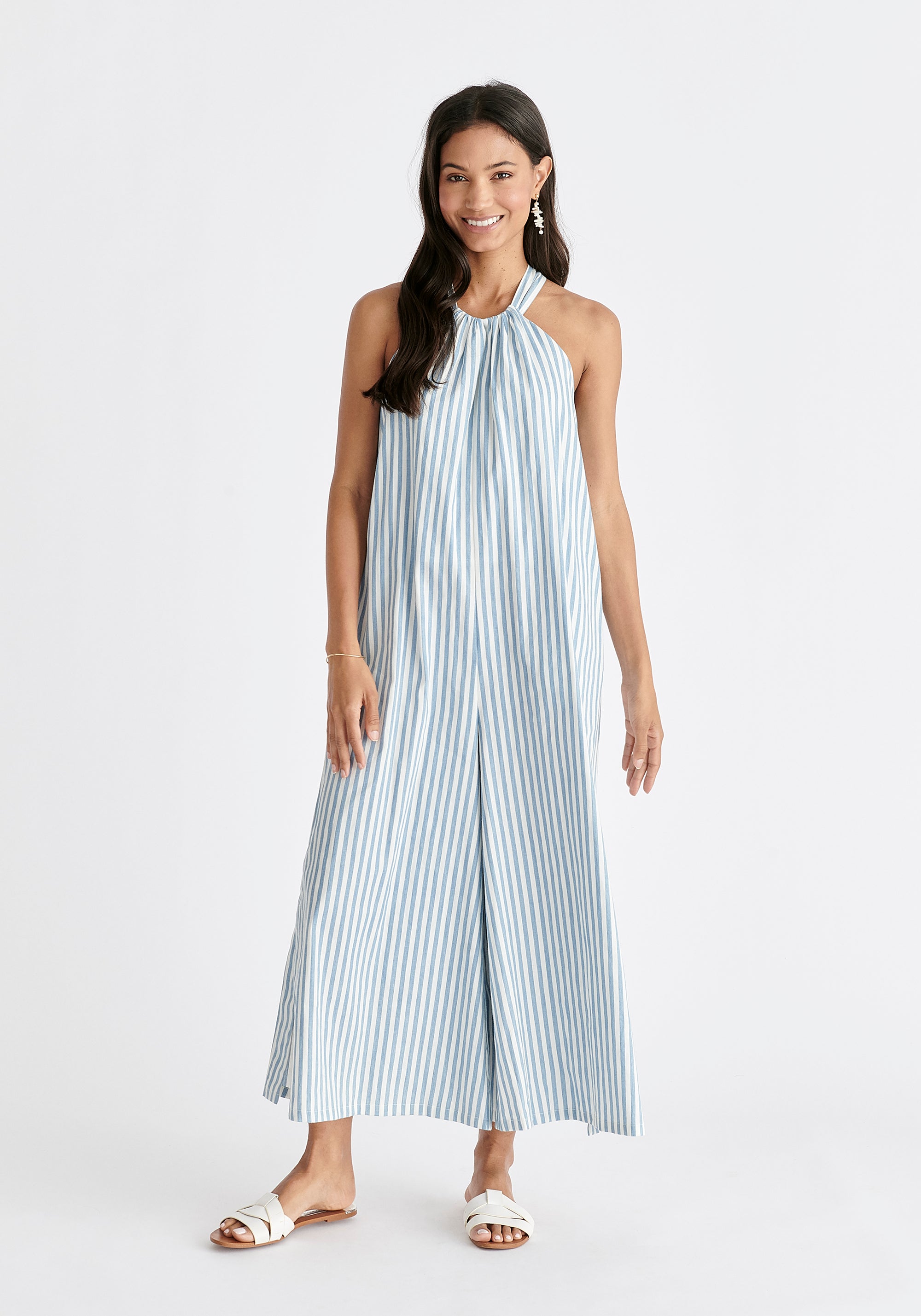 Striped Halterneck Cotton Jumpsuit in Light Blue and White