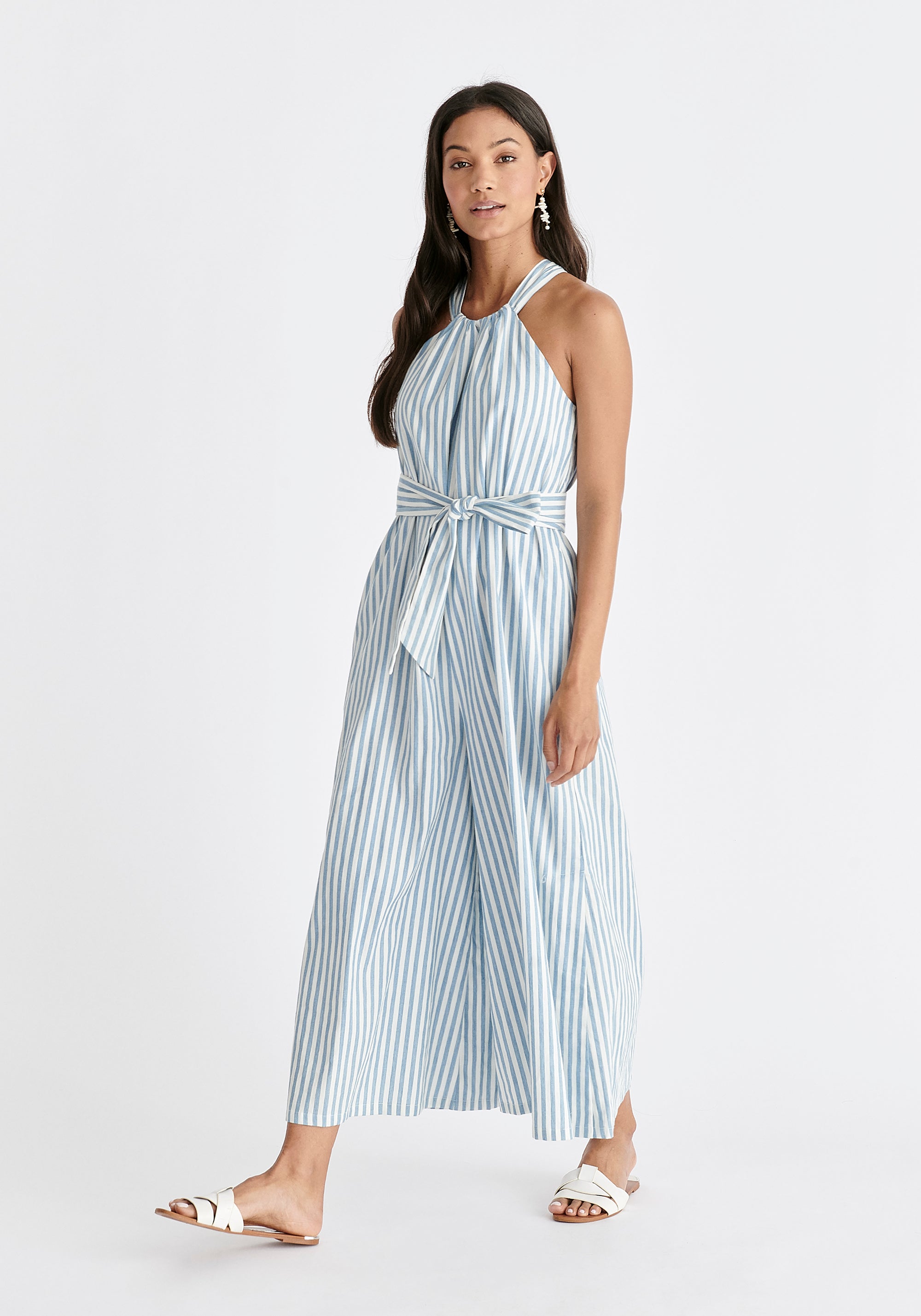 Striped Halterneck Cotton Jumpsuit in Light Blue and White