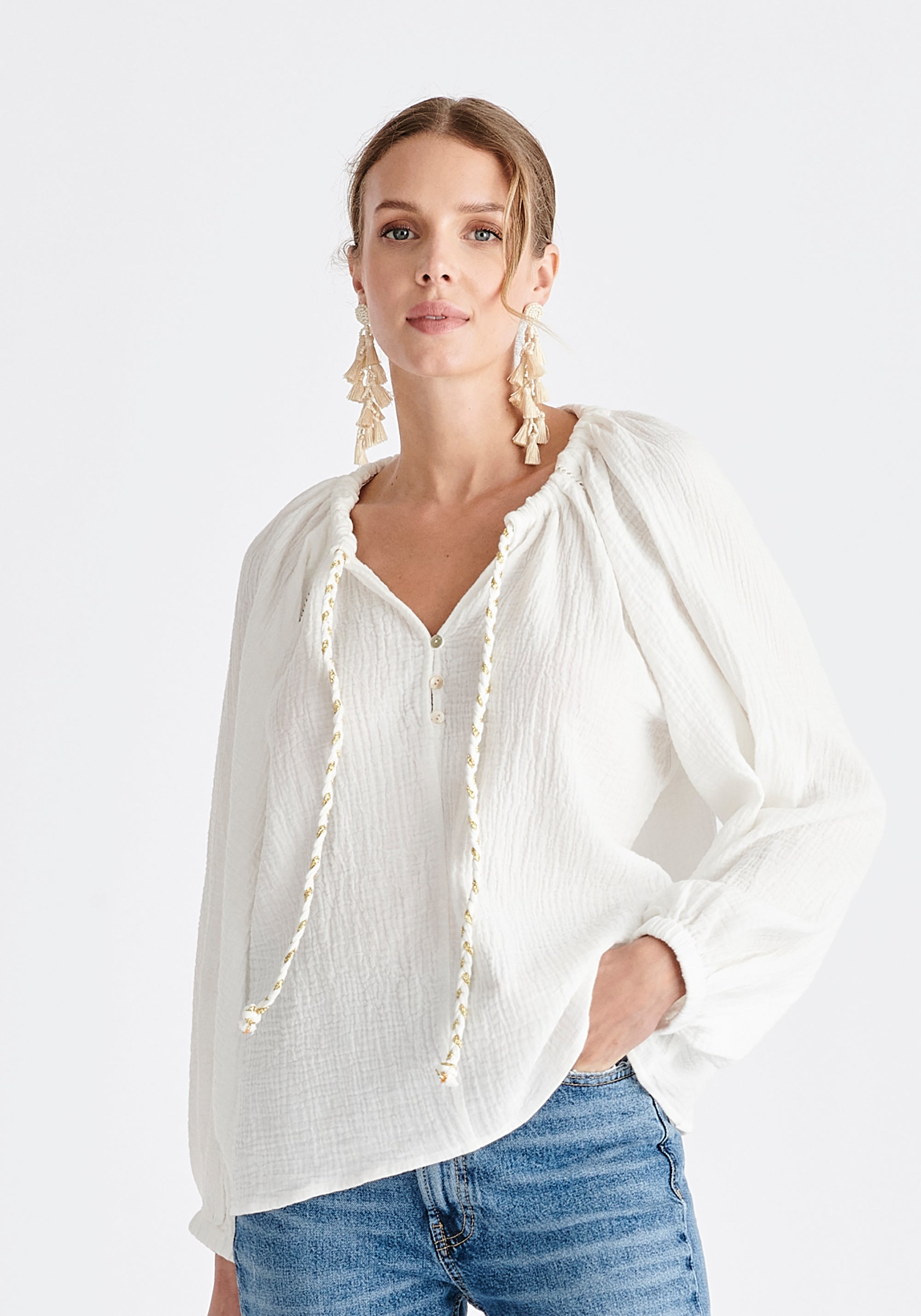 Cheesecloth Peasant Blouse in White