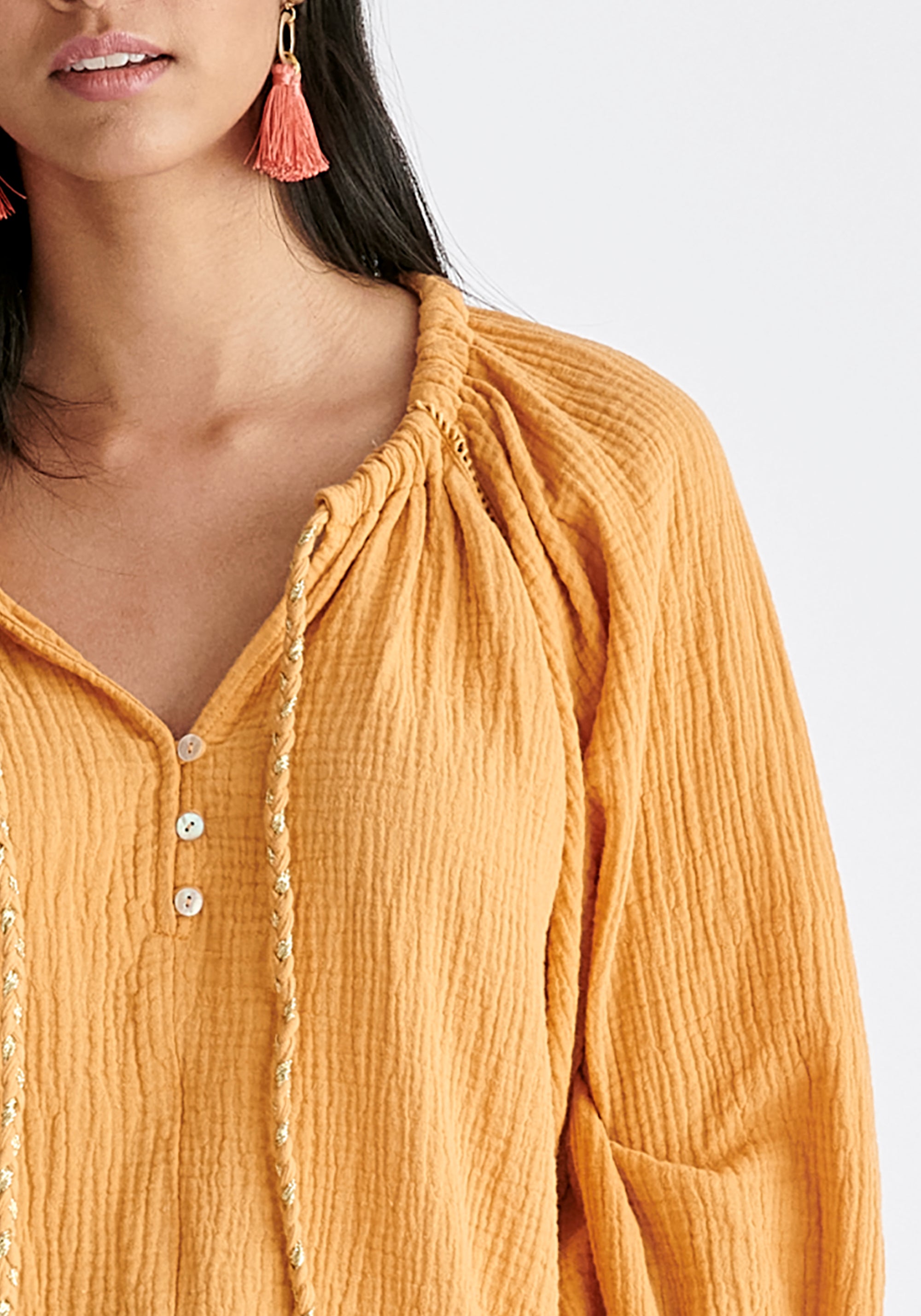 Cheesecloth Peasant Blouse in Marigold Close Up