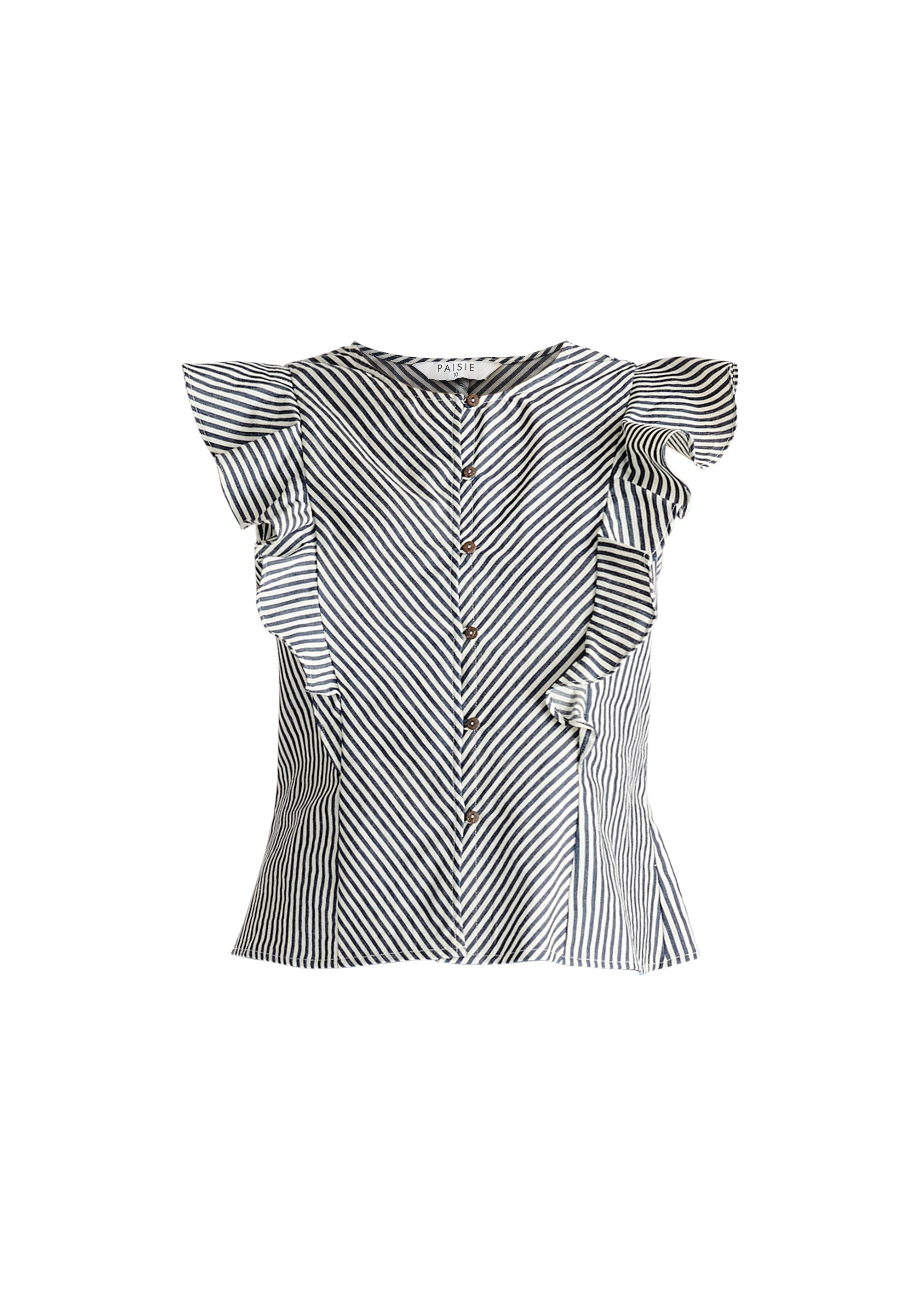 Striped Frilled Cotton Blouse in Navy and White Cut Out