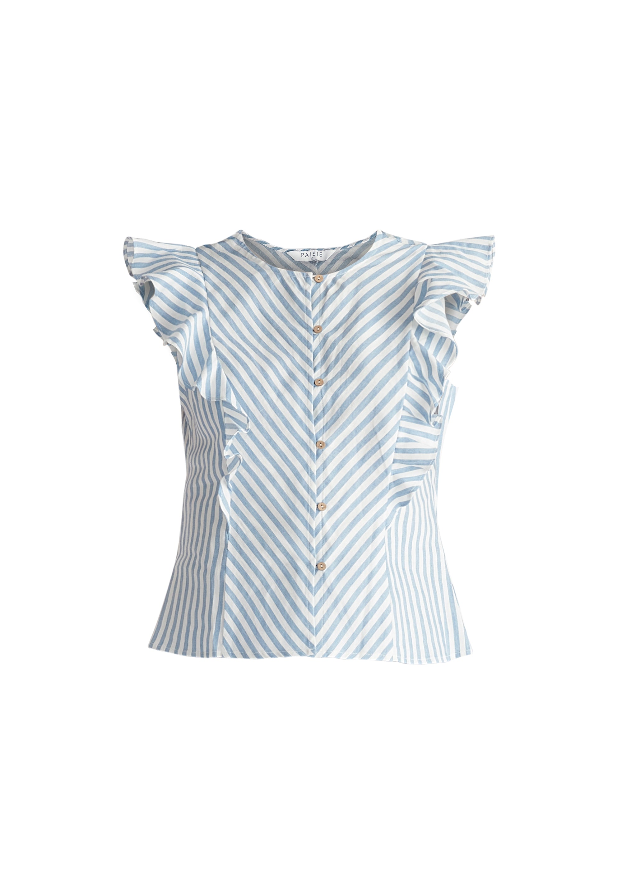 Striped Frilled Cotton Blouse in Light Blue and White Cut Out