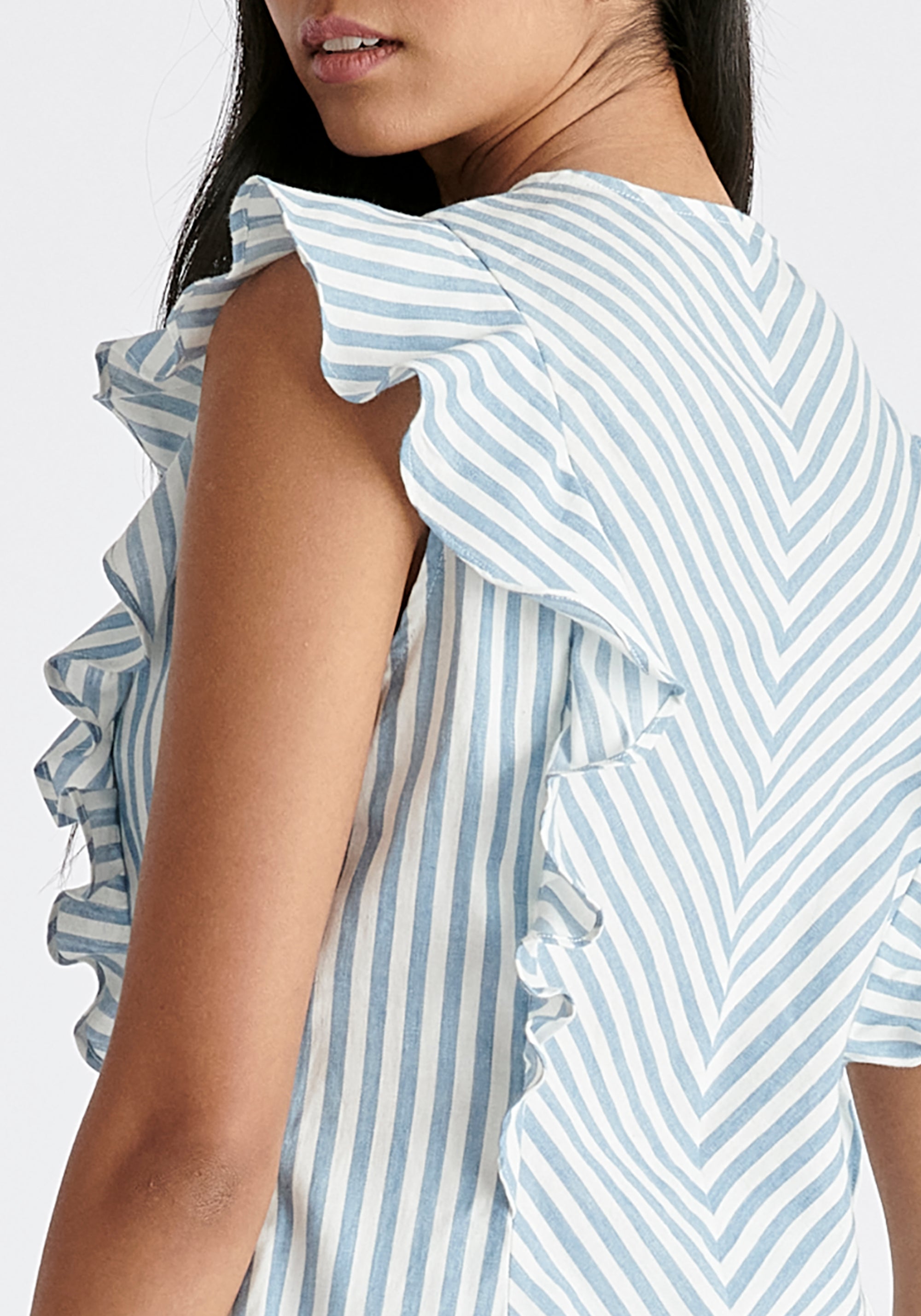 Striped Frilled Cotton Blouse in Light Blue and White Close Up