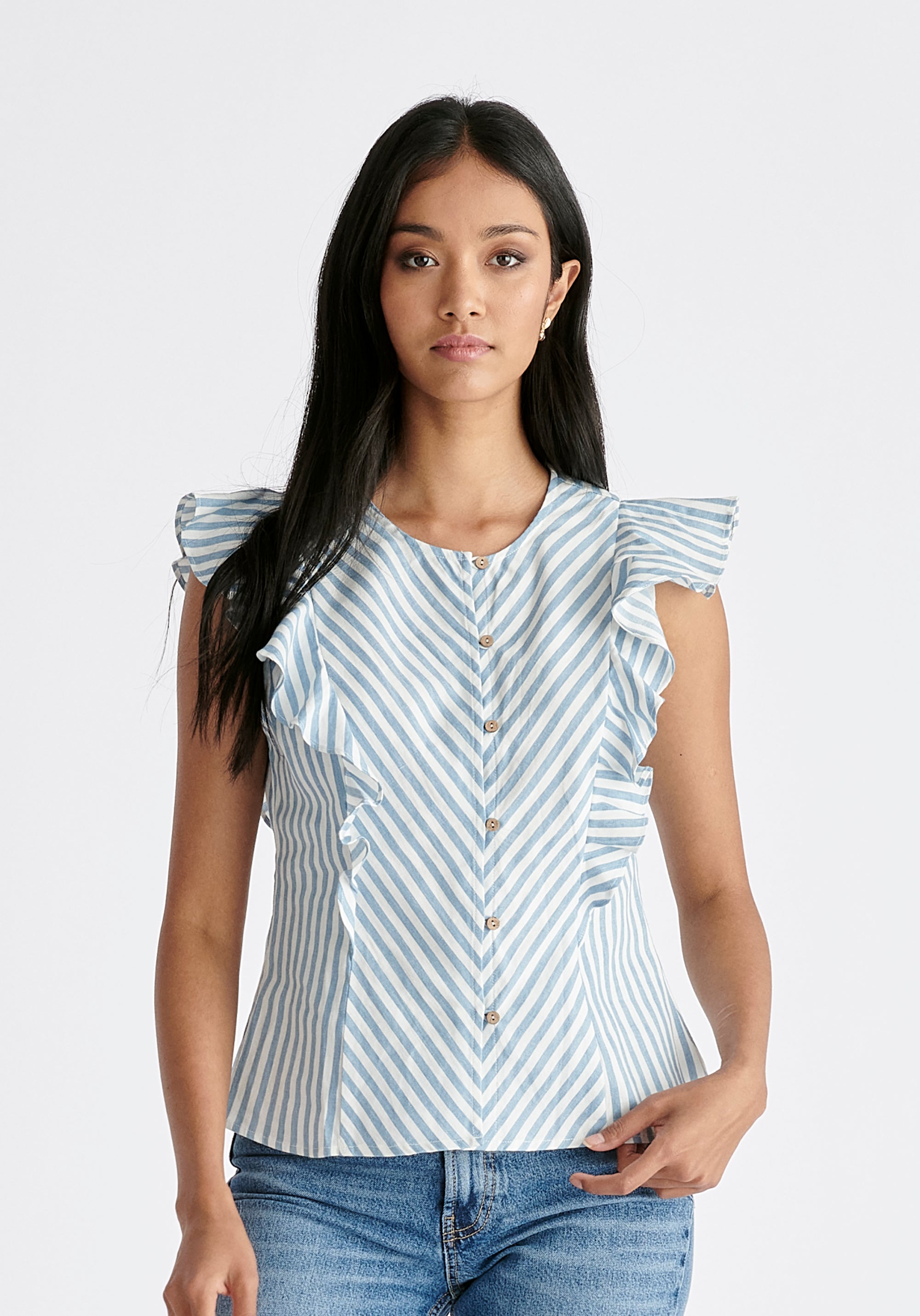 Striped Frilled Cotton Blouse in Light Blue and White