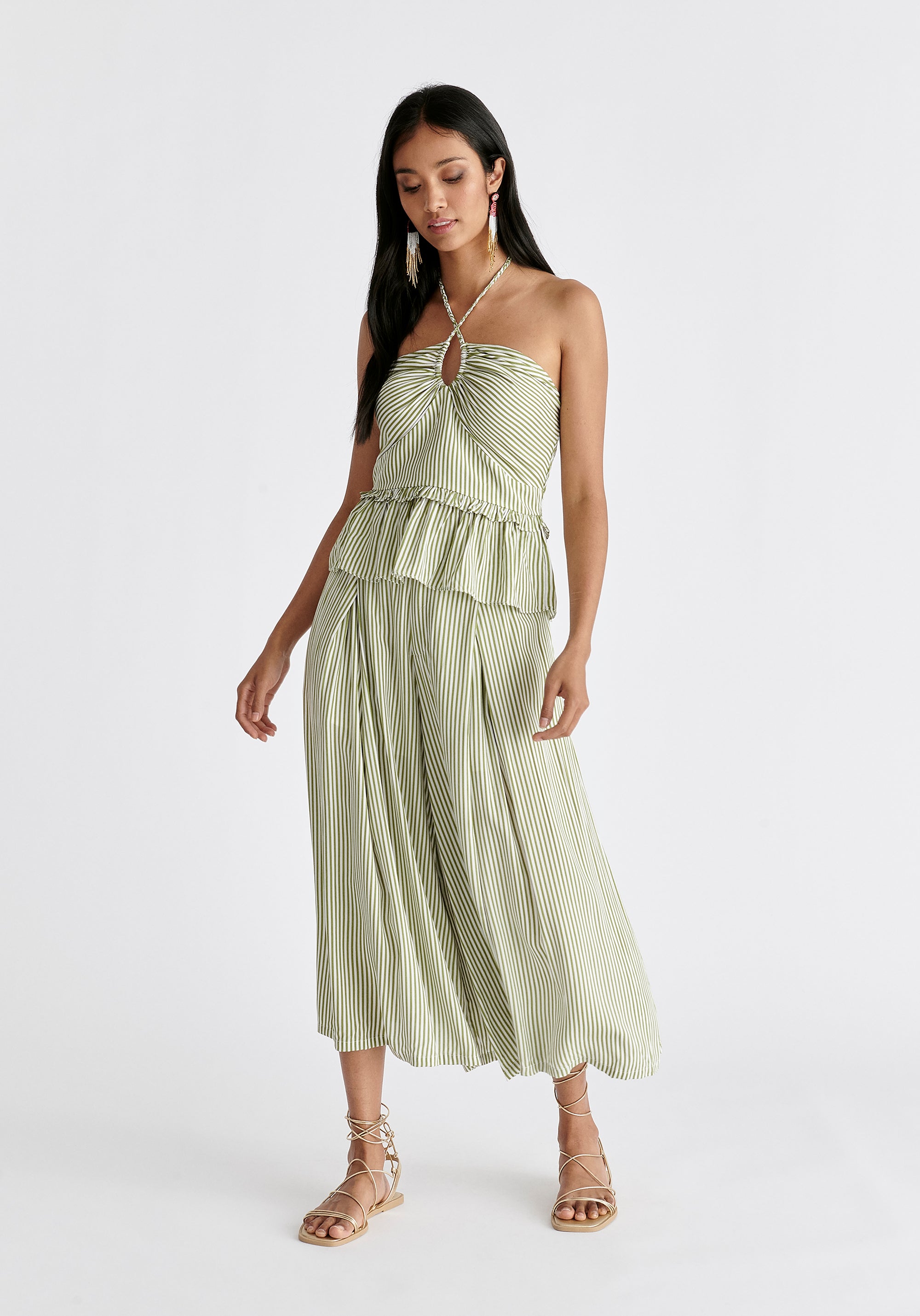 Belted Pleated Culottes in Green and White