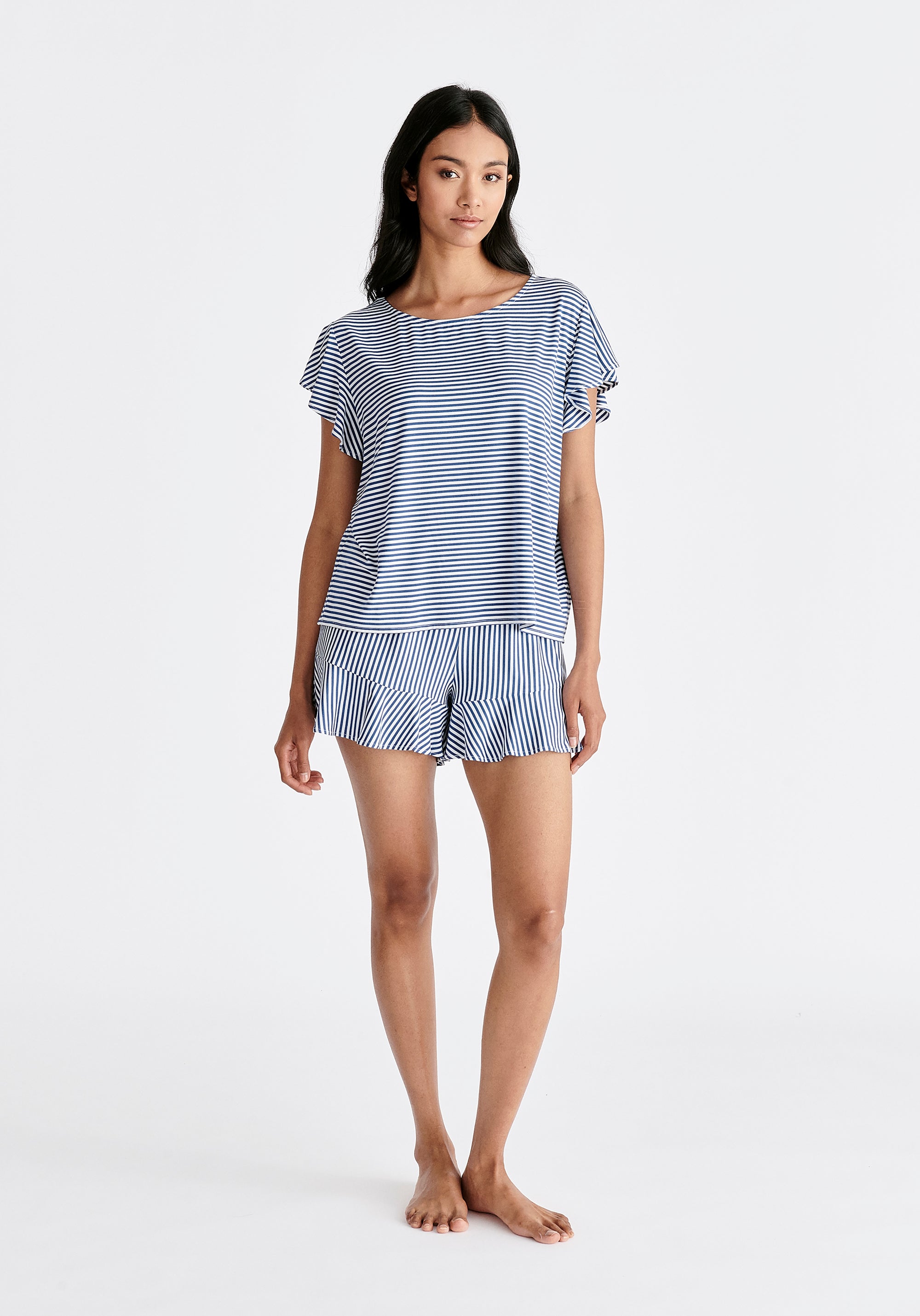 Frill Pyjama T-Shirt and Shorts in Dark Blue and White