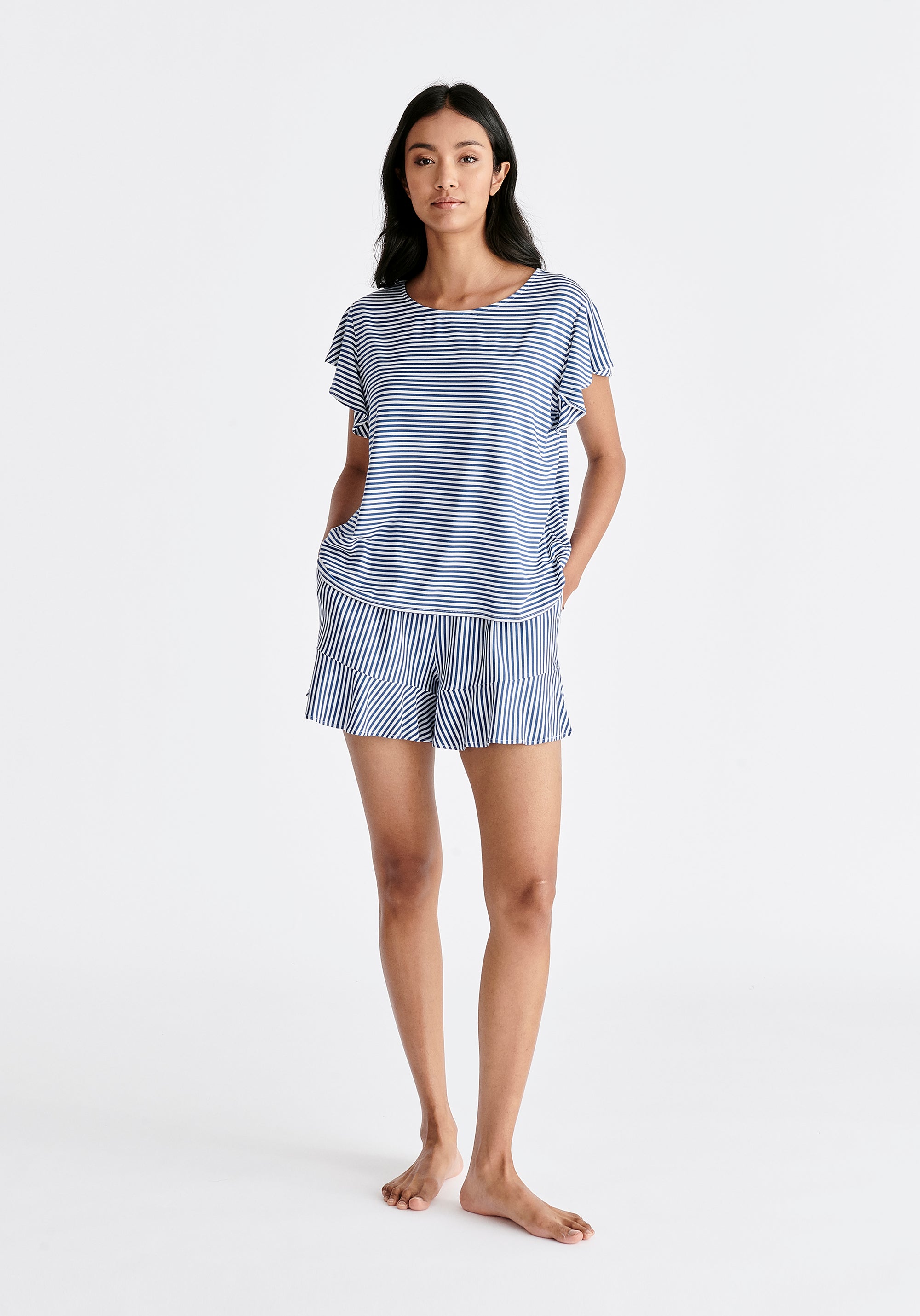 Frill Pyjama T-Shirt and Shorts in Dark Blue and White