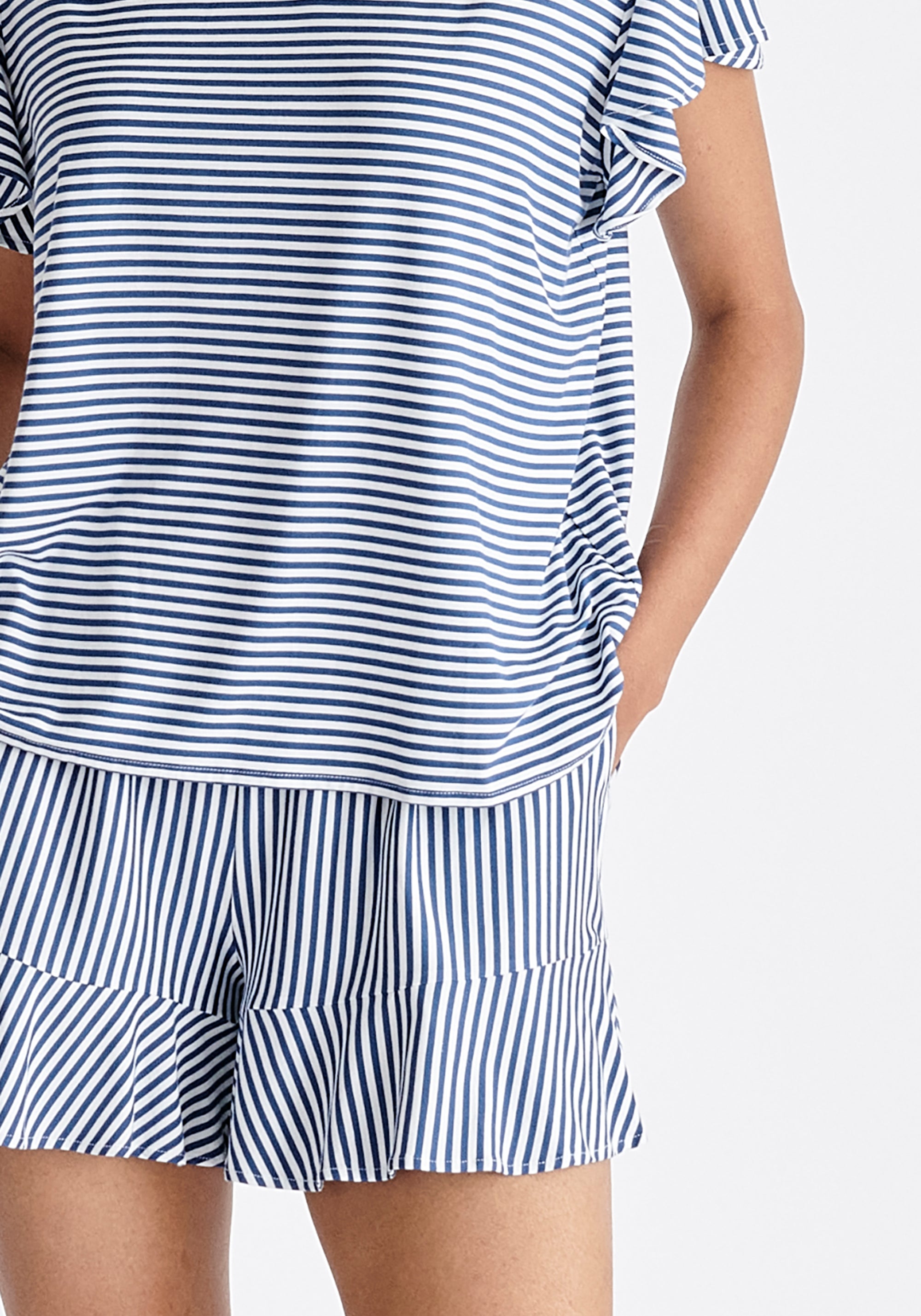 Frill Pyjama T-Shirt and Shorts in Dark Blue and White Close Up