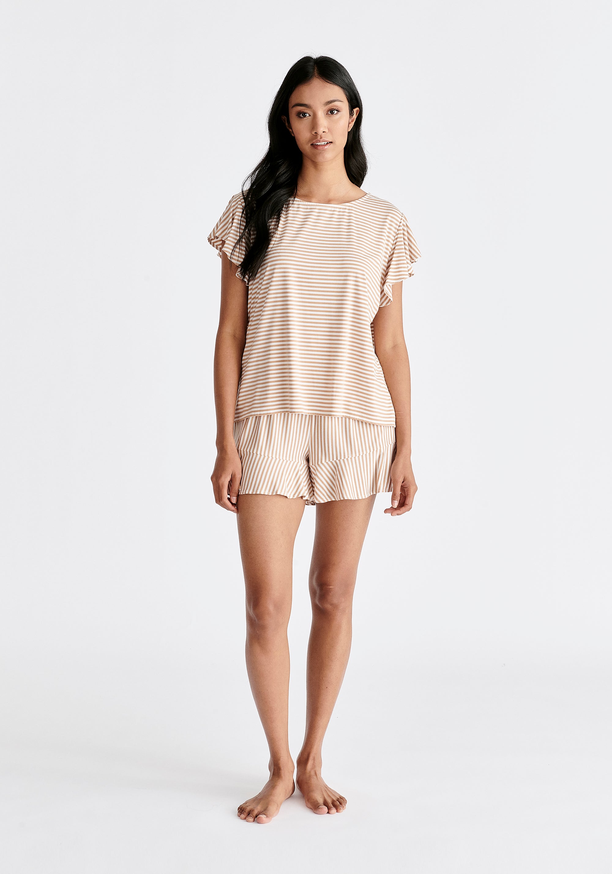 Frill Pyjama T-Shirt and Shorts in Mustard Yellow and White